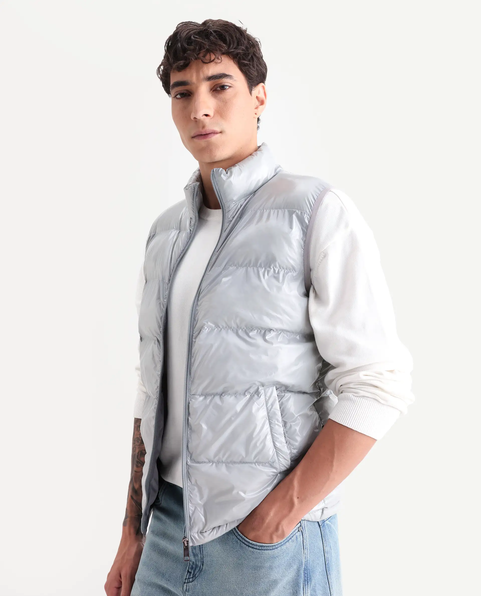 Rare Rabbit Men's Cover Light Grey Polyester Plain Relaxed Fit Sleeveless High Neck Jacket
