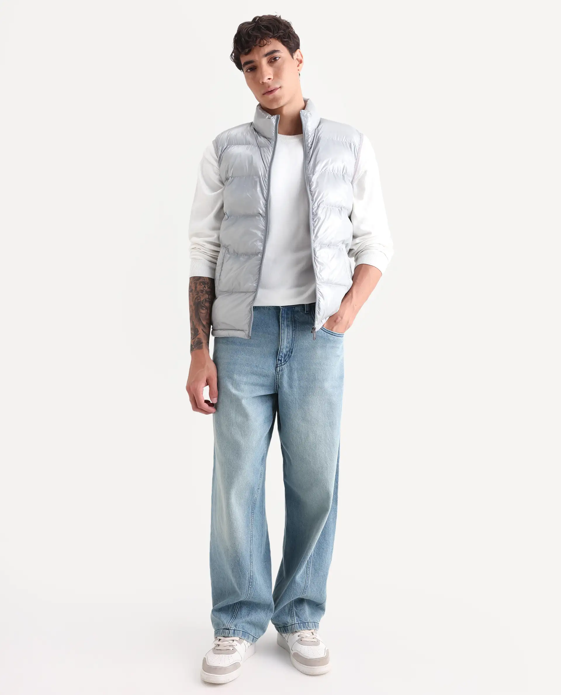 Rare Rabbit Men's Cover Light Grey Polyester Plain Relaxed Fit Sleeveless High Neck Jacket - Image 2