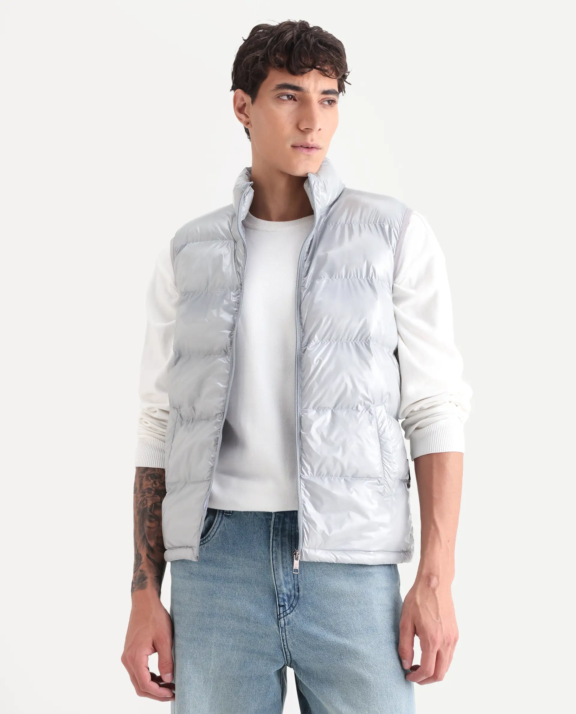 Rare Rabbit Men's Cover Light Grey Polyester Plain Relaxed Fit Sleeveless High Neck Jacket - Image 3