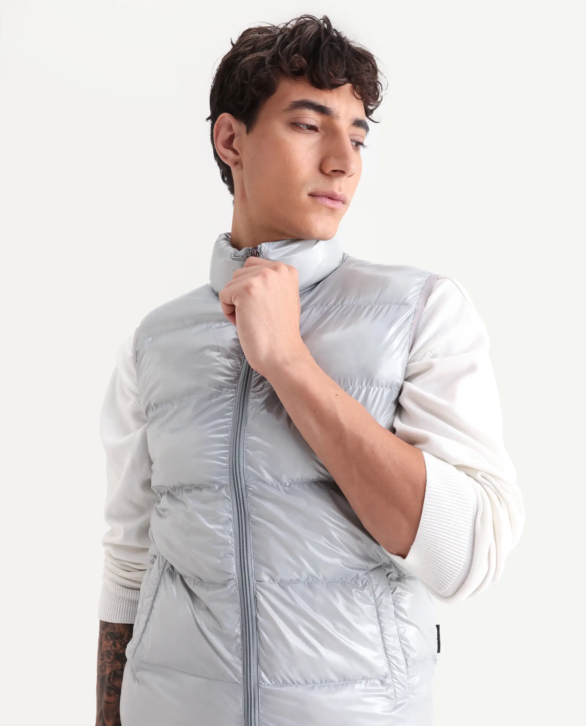Rare Rabbit Men's Cover Light Grey Polyester Plain Relaxed Fit Sleeveless High Neck Jacket - Image 4