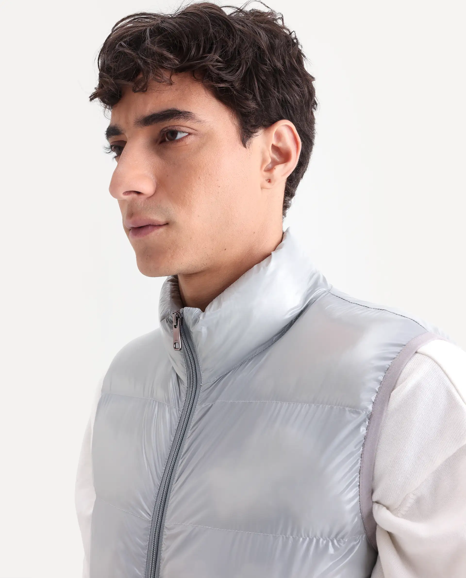 Rare Rabbit Men's Cover Light Grey Polyester Plain Relaxed Fit Sleeveless High Neck Jacket - Image 5