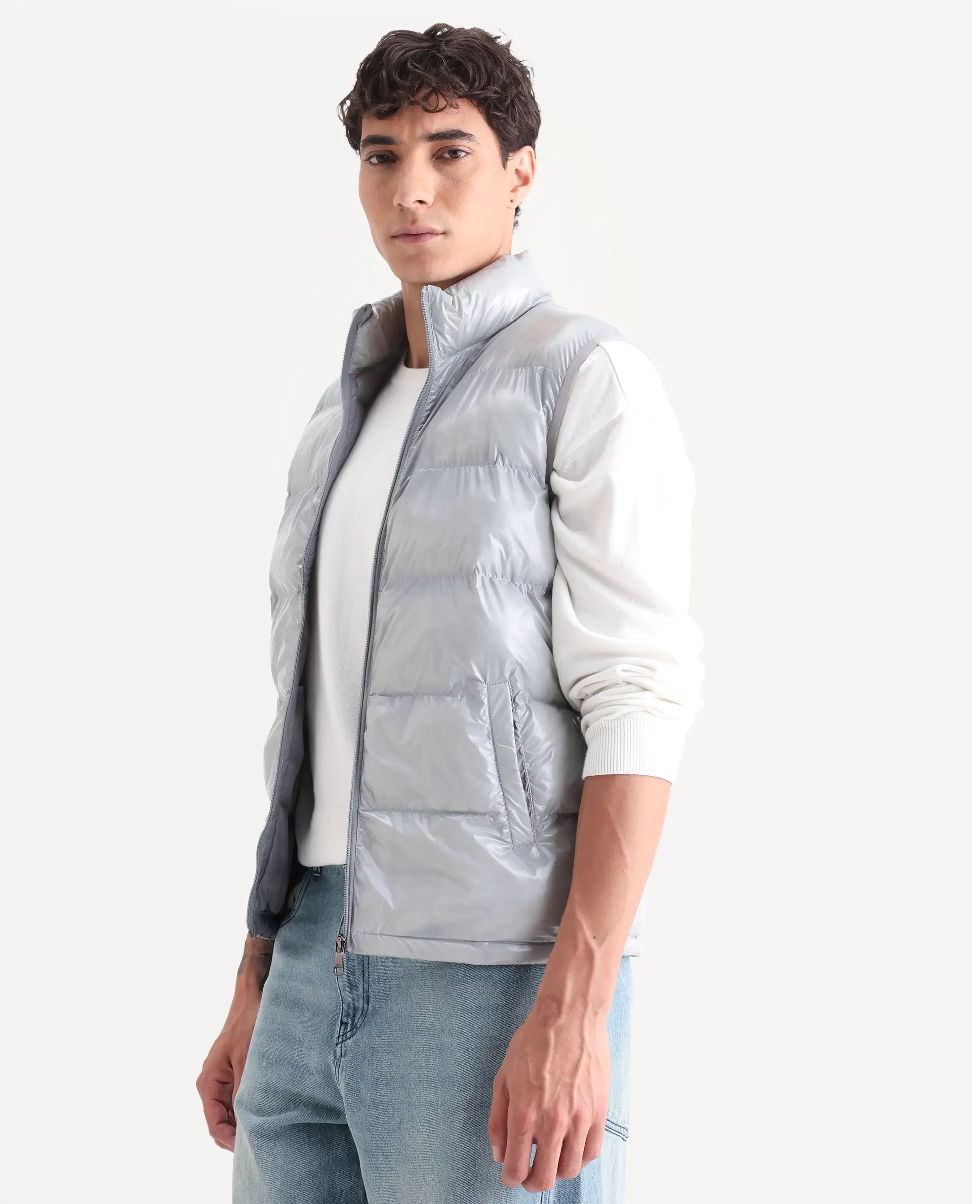 Rare Rabbit Men's Cover Light Grey Polyester Plain Relaxed Fit Sleeveless High Neck Jacket - Image 6