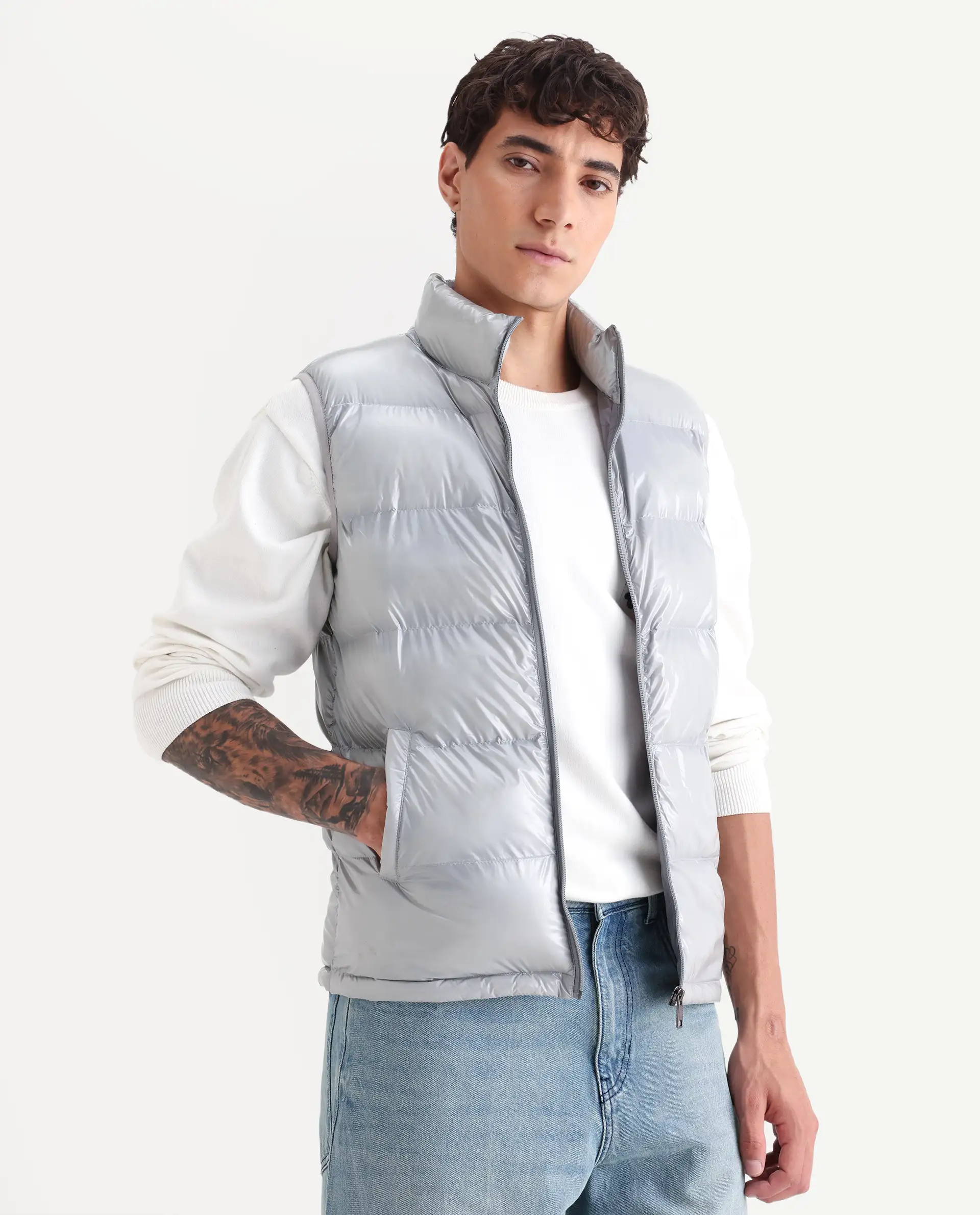 Rare Rabbit Men's Cover Light Grey Polyester Plain Relaxed Fit Sleeveless High Neck Jacket - Image 7