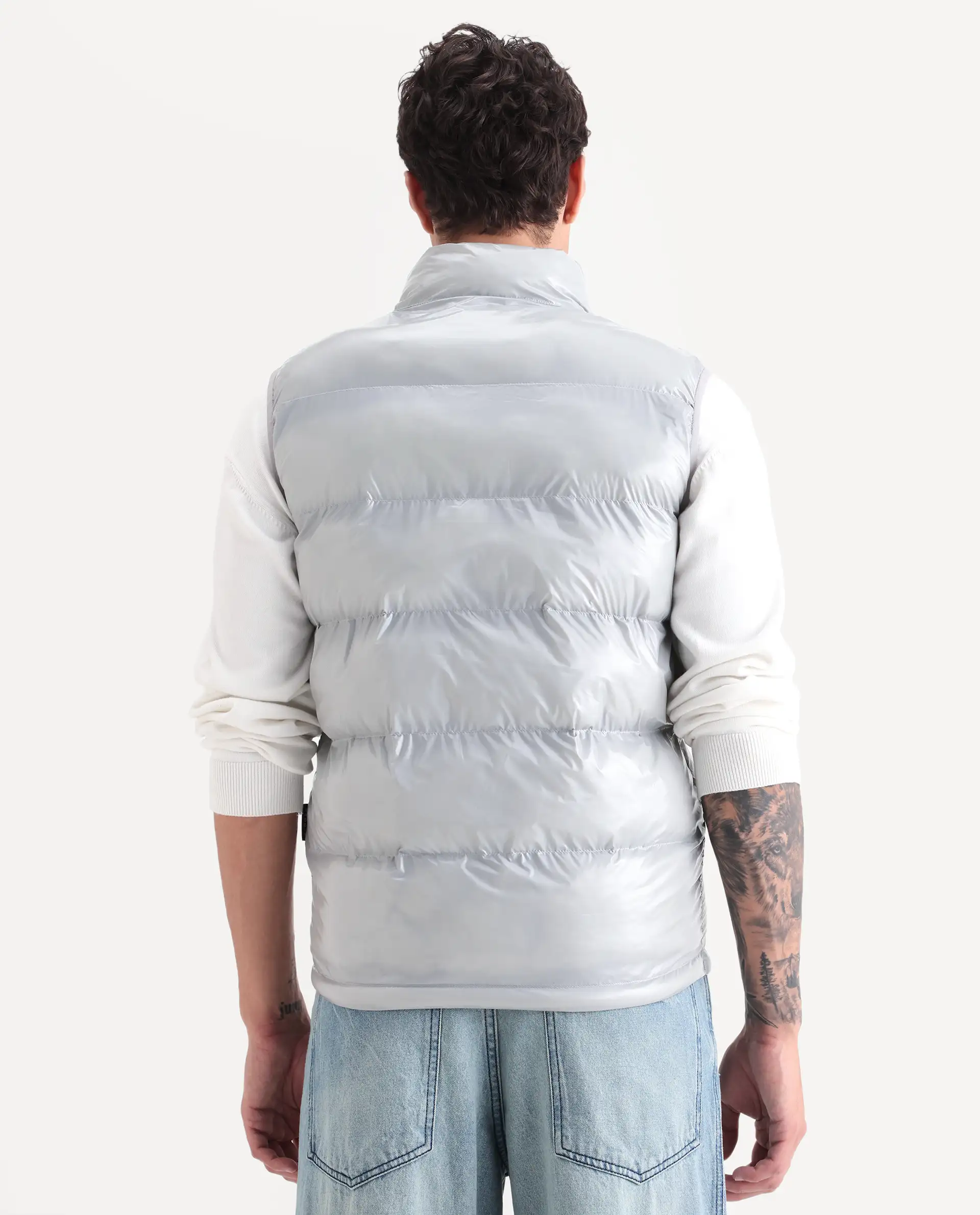 Rare Rabbit Men's Cover Light Grey Polyester Plain Relaxed Fit Sleeveless High Neck Jacket - Image 8