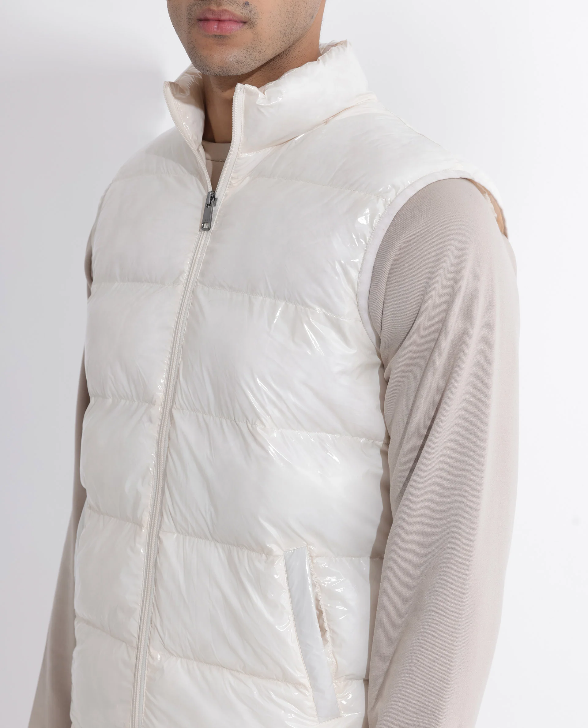 Rare Rabbit Men's Cover Off White Polyester Plain Relaxed Fit Sleeveless High Neck Jacket - Image 10