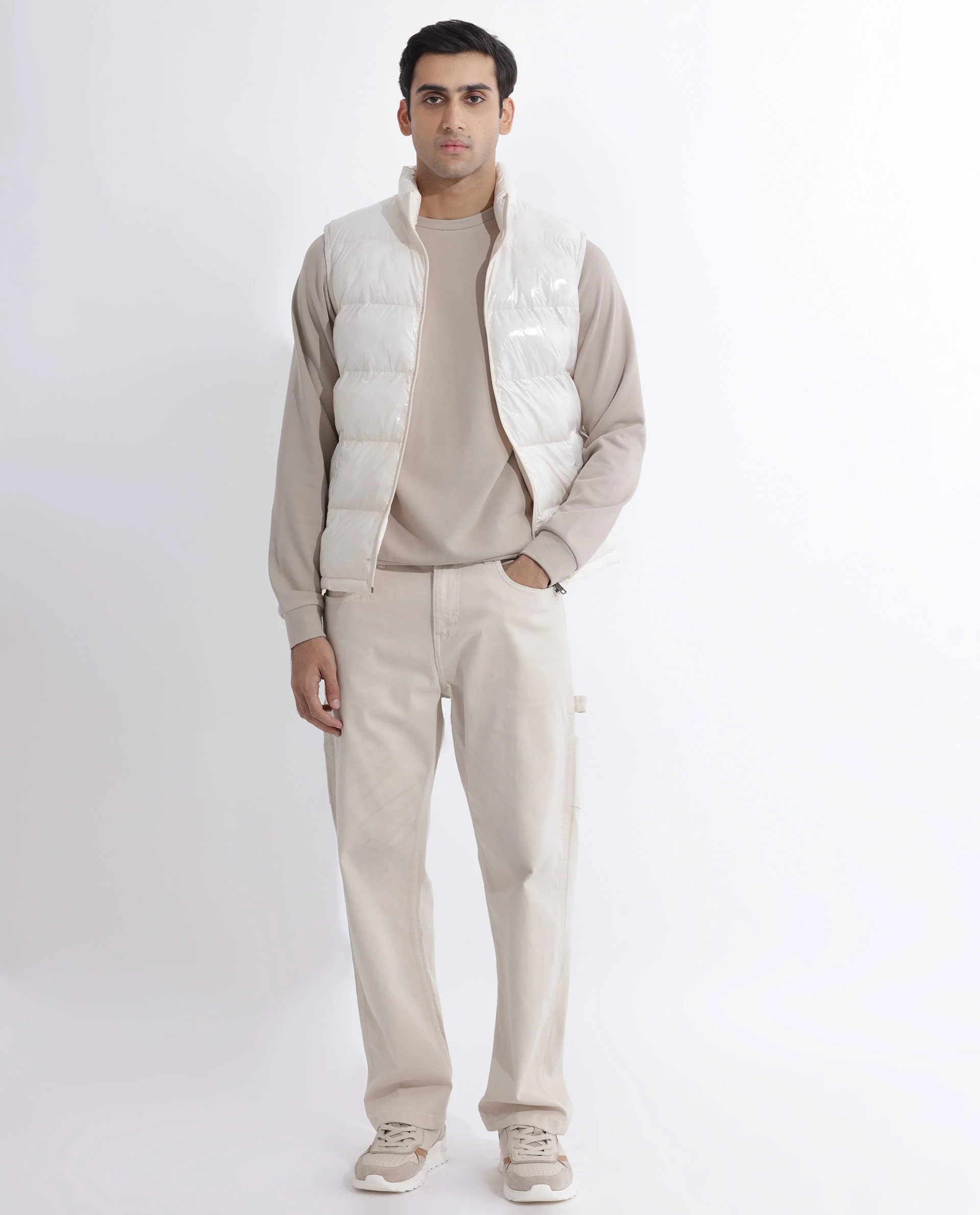 Rare Rabbit Men's Cover Off White Polyester Plain Relaxed Fit Sleeveless High Neck Jacket - Image 11
