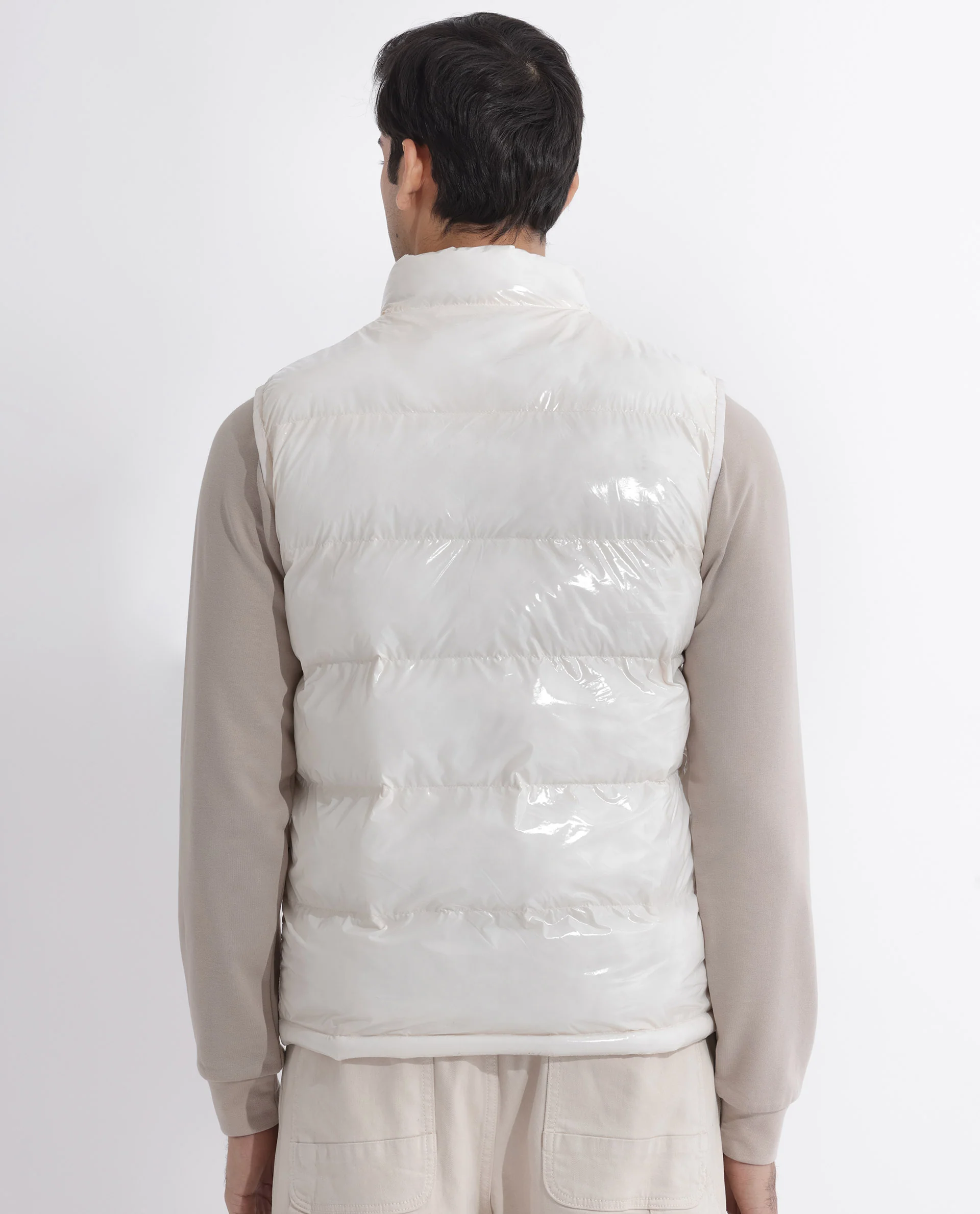Rare Rabbit Men's Cover Off White Polyester Plain Relaxed Fit Sleeveless High Neck Jacket - Image 12