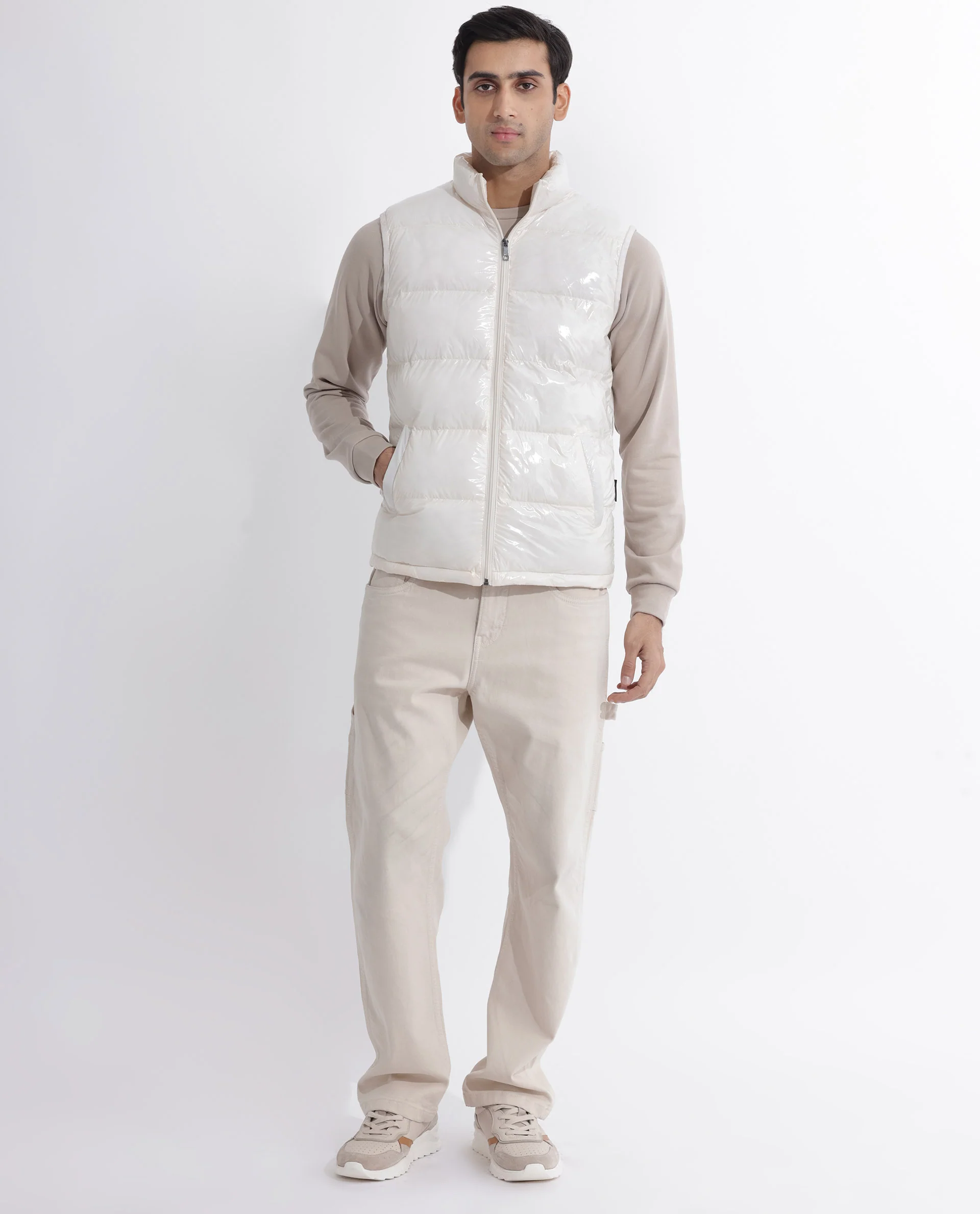 Rare Rabbit Men's Cover Off White Polyester Plain Relaxed Fit Sleeveless High Neck Jacket - Image 3