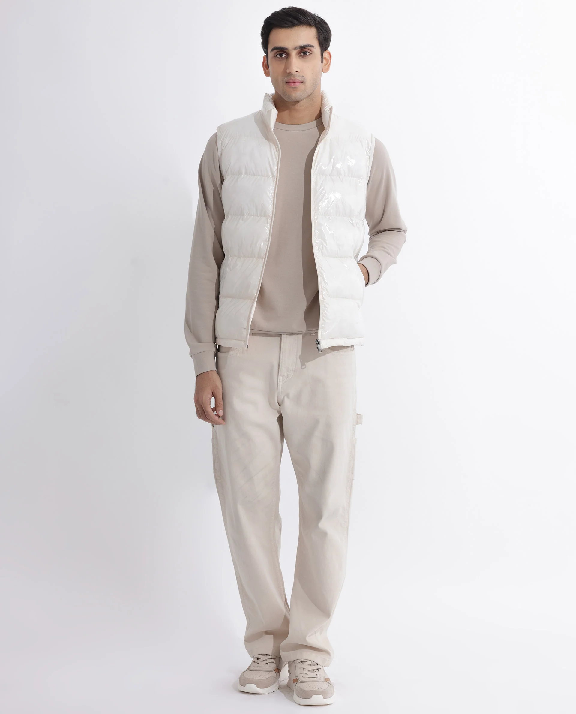 Rare Rabbit Men's Cover Off White Polyester Plain Relaxed Fit Sleeveless High Neck Jacket - Image 4
