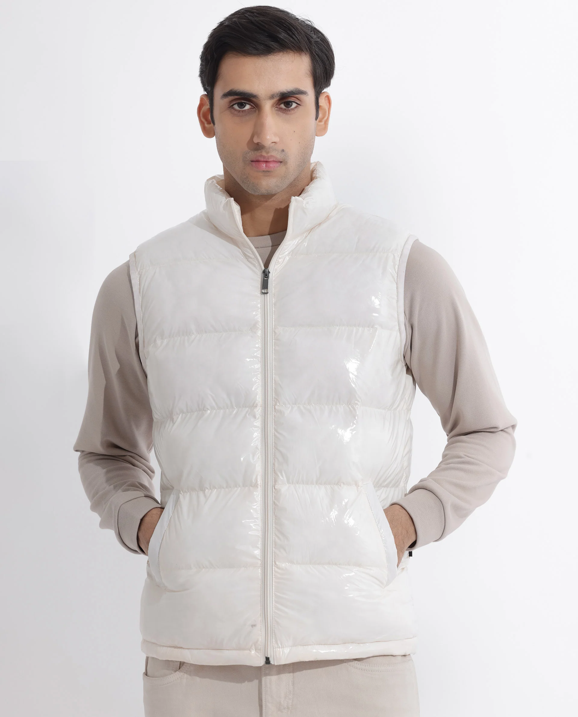 Rare Rabbit Men's Cover Off White Polyester Plain Relaxed Fit Sleeveless High Neck Jacket - Image 5