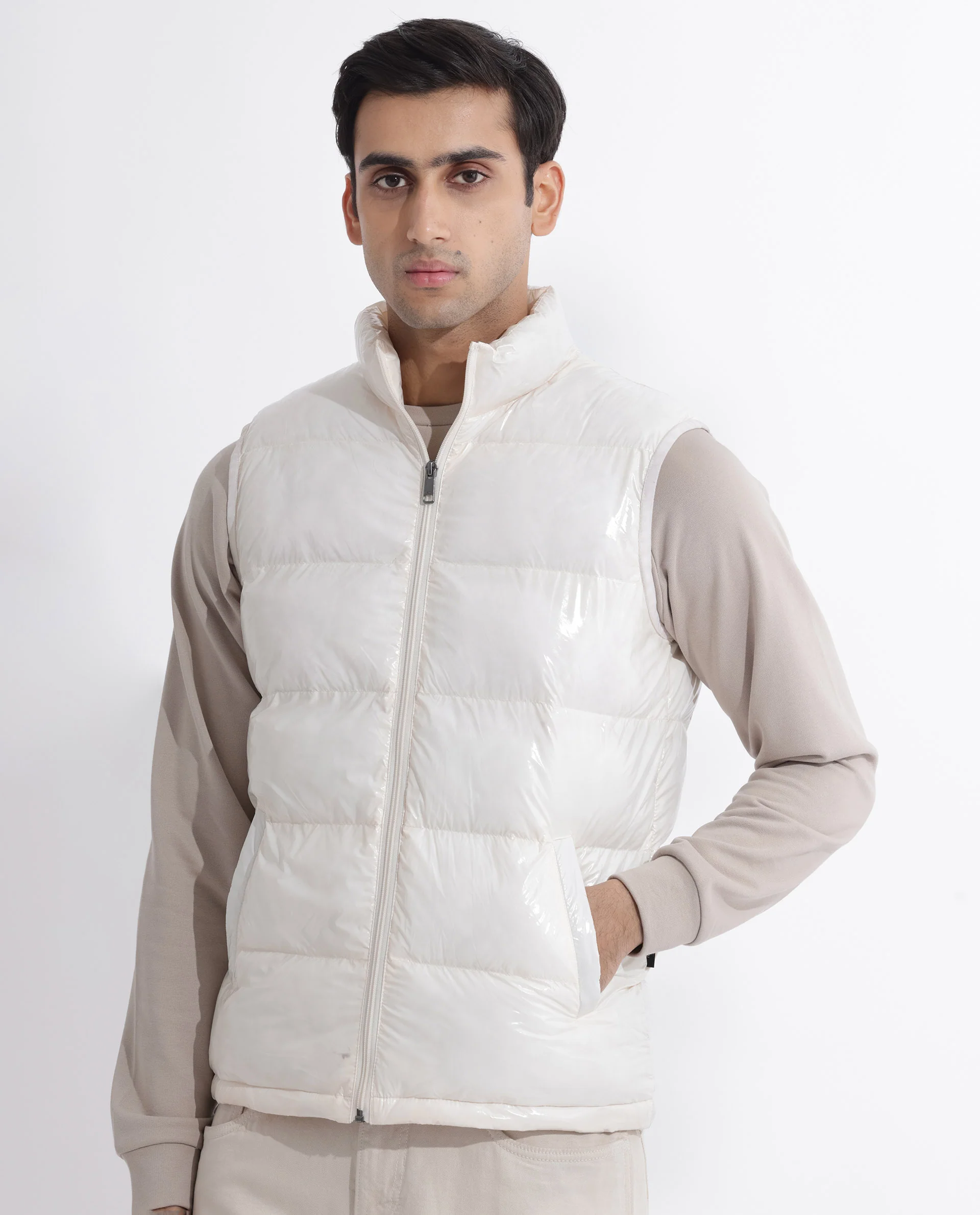 Rare Rabbit Men's Cover Off White Polyester Plain Relaxed Fit Sleeveless High Neck Jacket - Image 6
