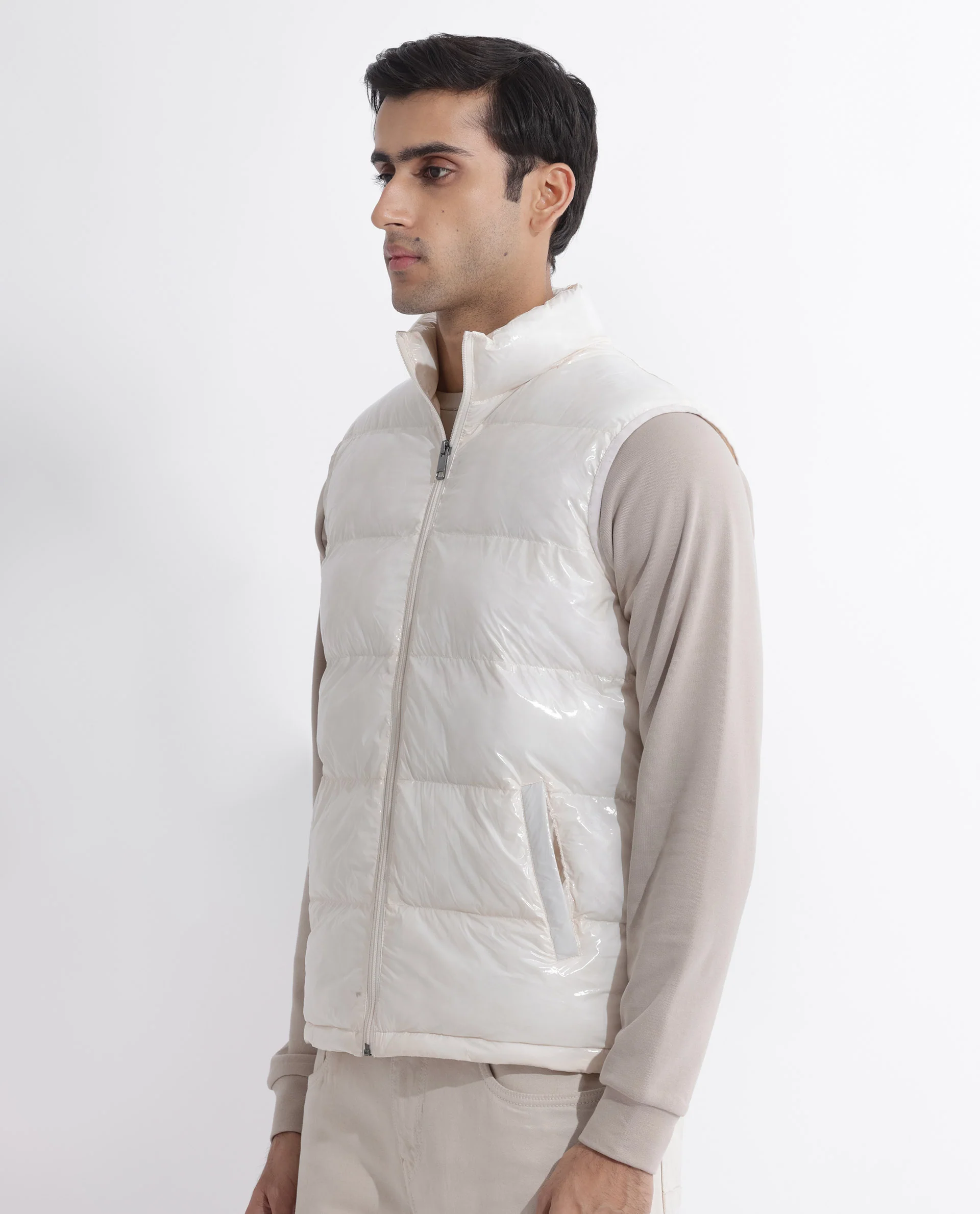 Rare Rabbit Men's Cover Off White Polyester Plain Relaxed Fit Sleeveless High Neck Jacket - Image 7