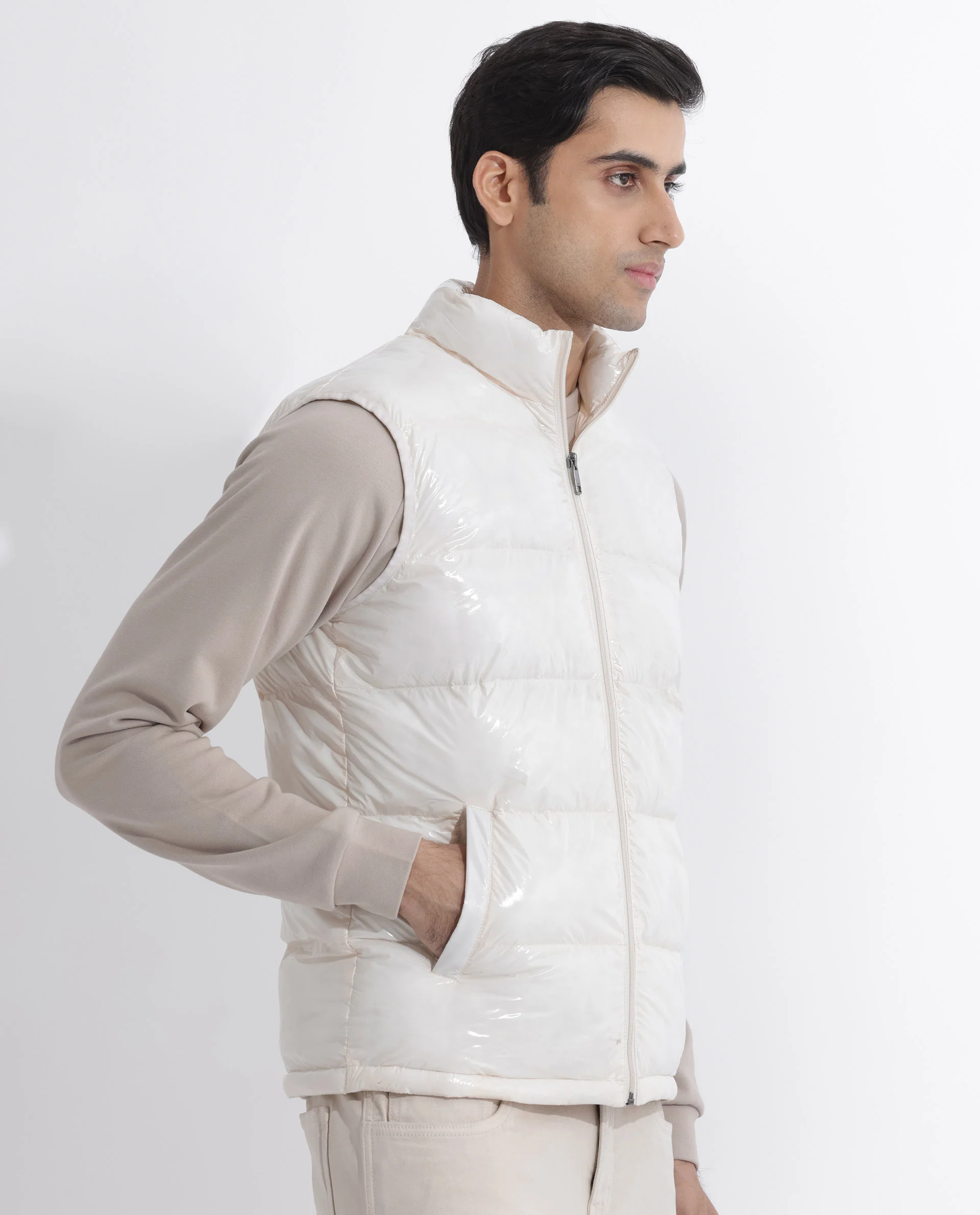 Rare Rabbit Men's Cover Off White Polyester Plain Relaxed Fit Sleeveless High Neck Jacket - Image 8