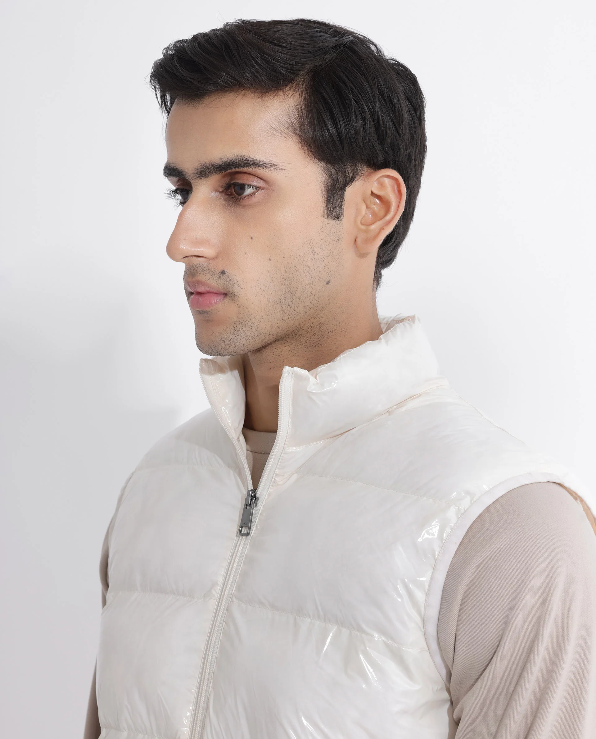 Rare Rabbit Men's Cover Off White Polyester Plain Relaxed Fit Sleeveless High Neck Jacket - Image 9