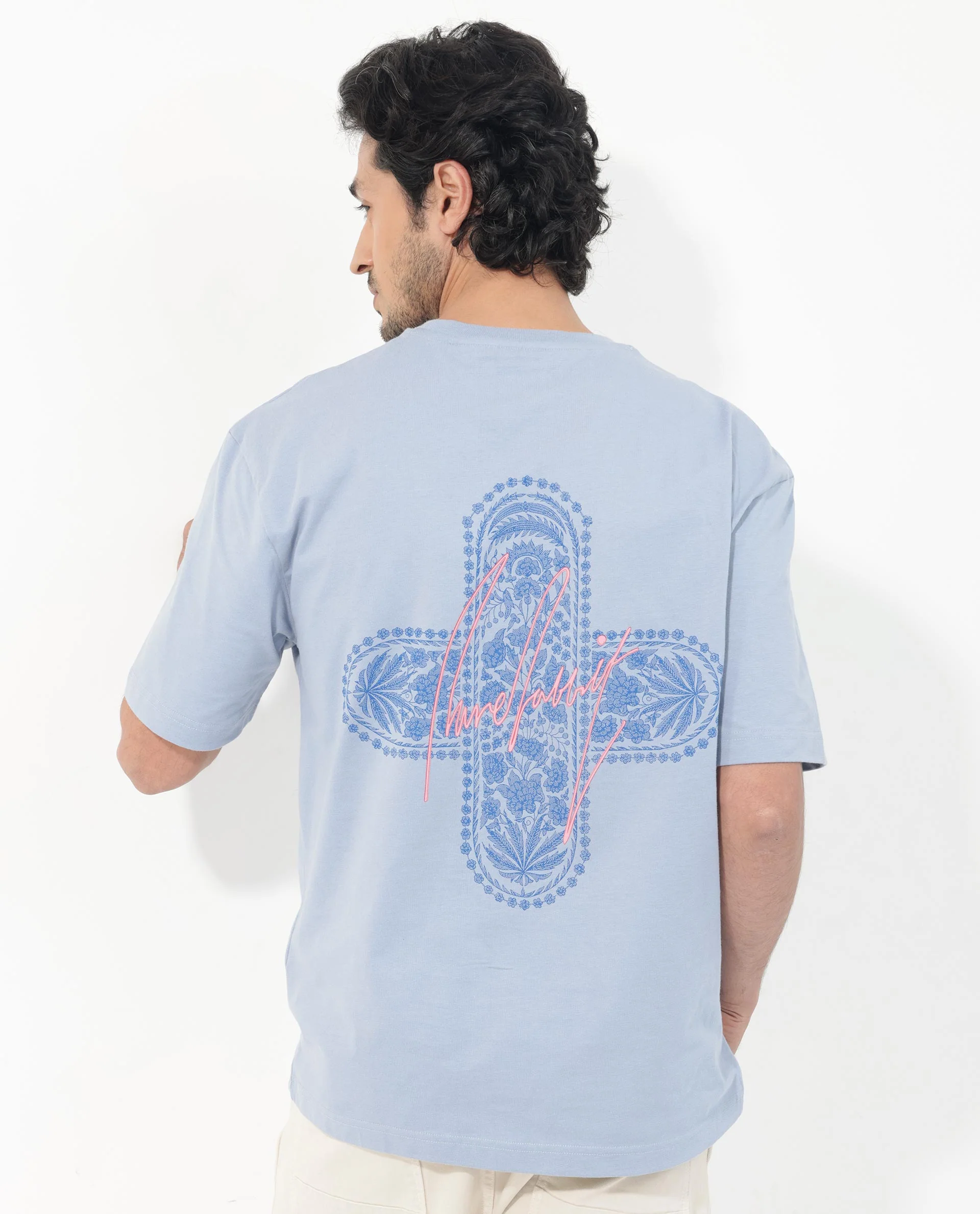 Rare Rabbit Articale Men's Covey Blue Cotton Fabric Crew Neck Oversized Fit Knit Botanical Print T-Shirt - Image 10