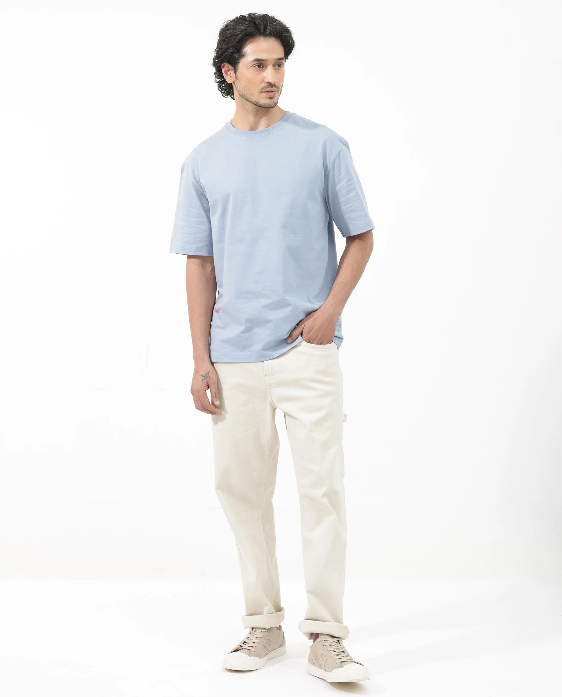 Rare Rabbit Articale Men's Covey Blue Cotton Fabric Crew Neck Oversized Fit Knit Botanical Print T-Shirt - Image 3