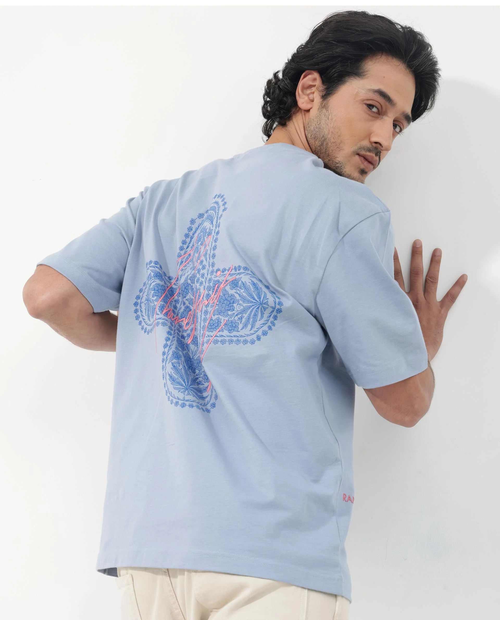 Rare Rabbit Articale Men's Covey Blue Cotton Fabric Crew Neck Oversized Fit Knit Botanical Print T-Shirt - Image 4