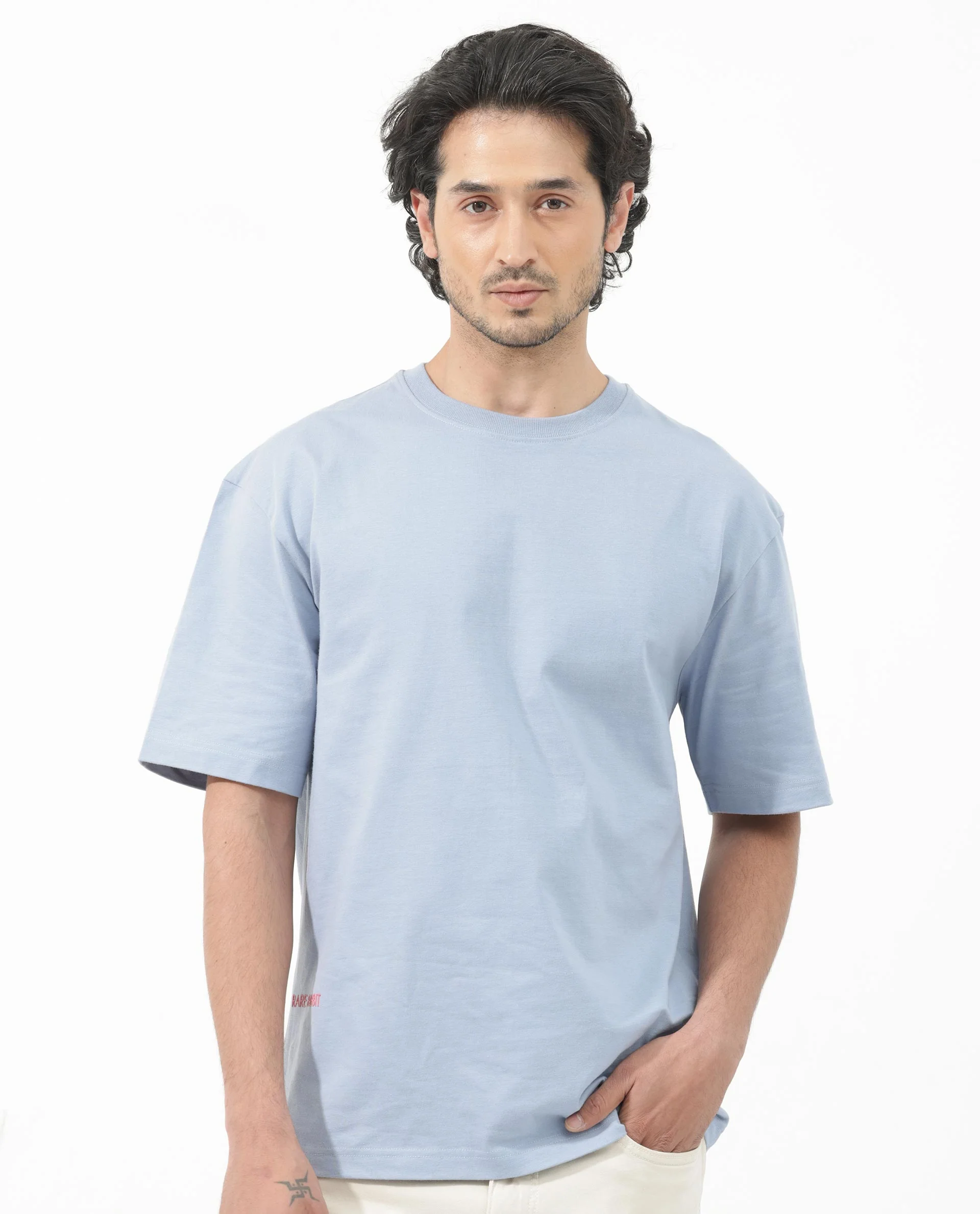 Rare Rabbit Articale Men's Covey Blue Cotton Fabric Crew Neck Oversized Fit Knit Botanical Print T-Shirt - Image 7
