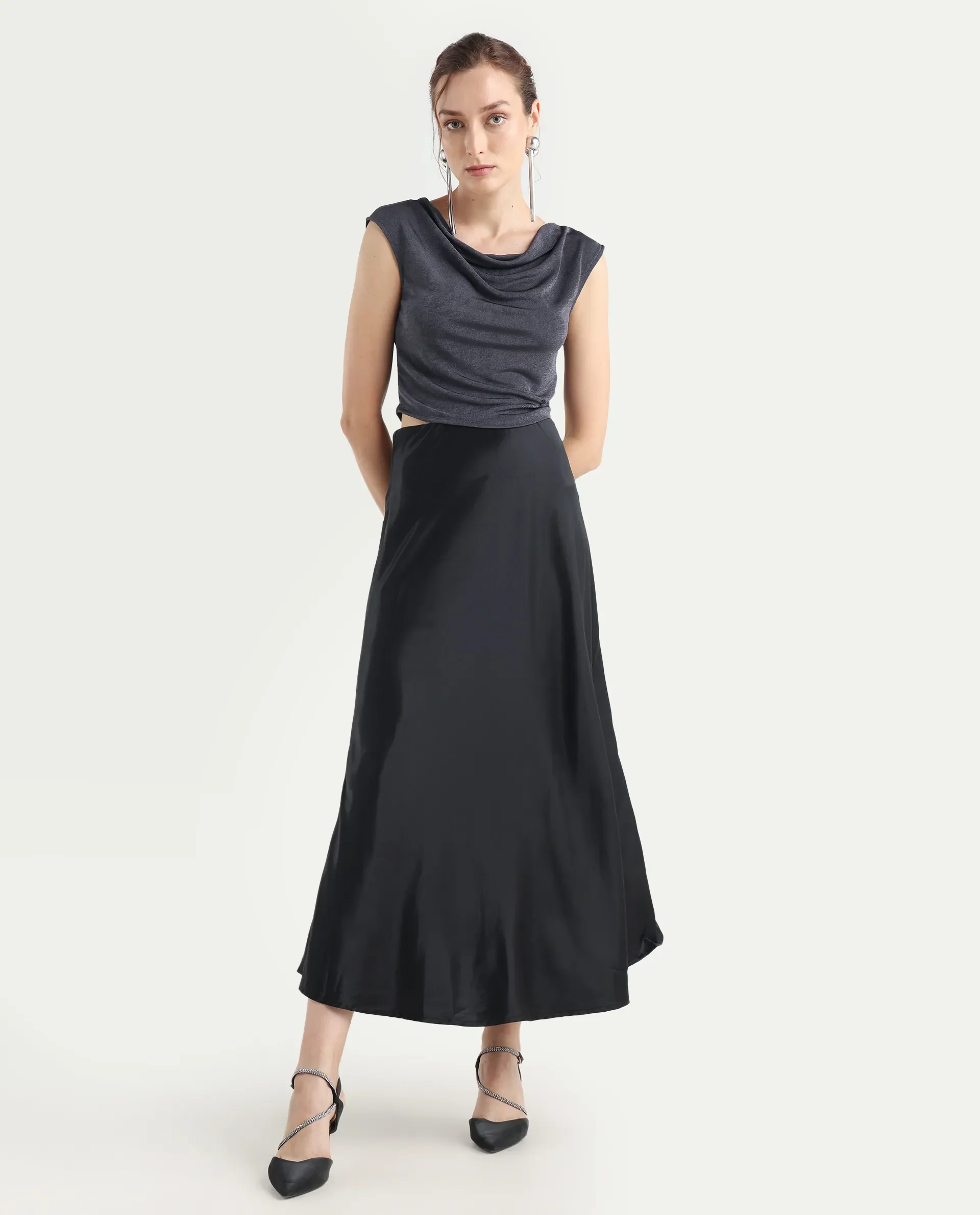 Rareism Women's Cowly Dark Grey Polyester Cowl Neck Plain Sleeveless Regular Fit Top - Image 2