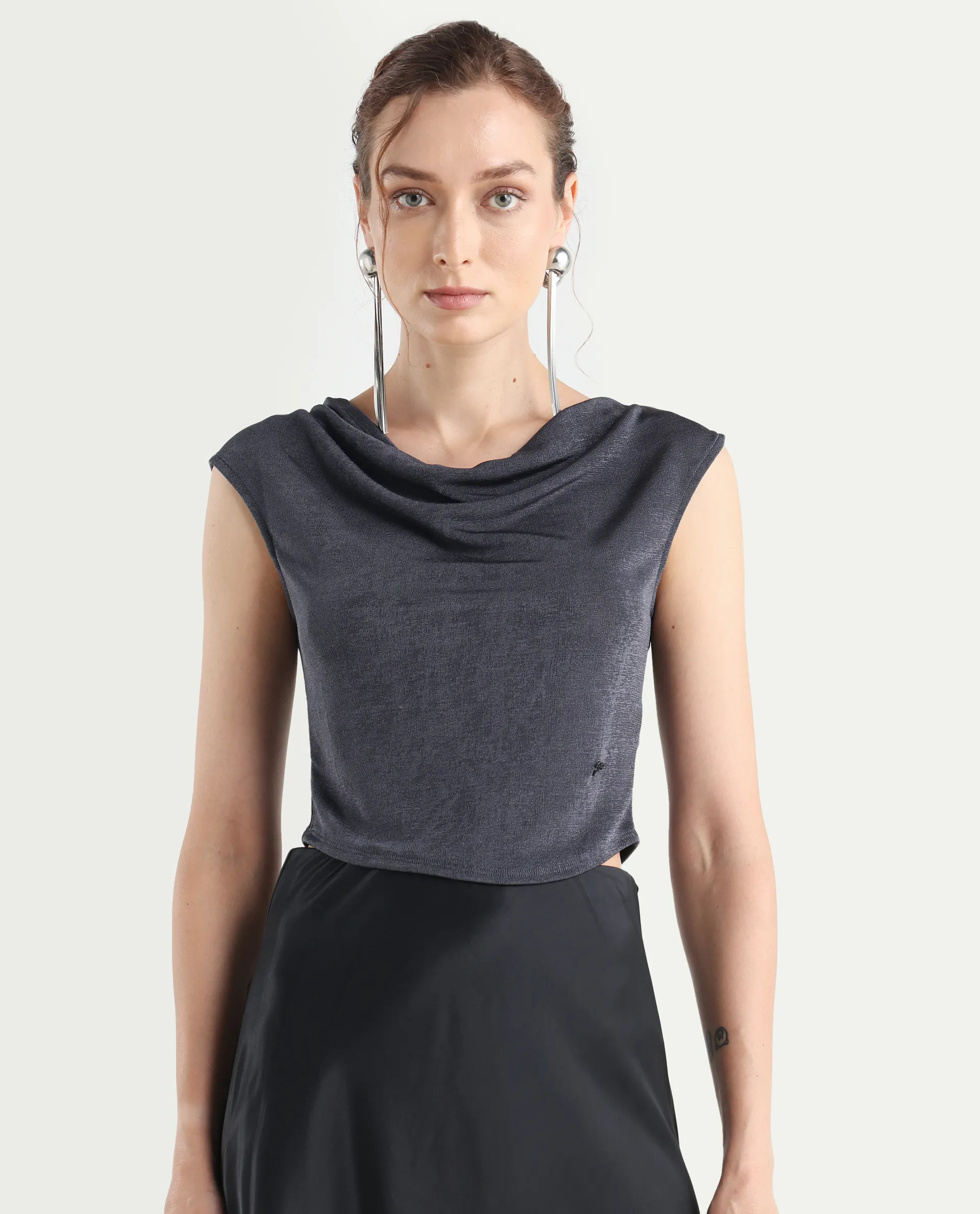Rareism Women's Cowly Dark Grey Polyester Cowl Neck Plain Sleeveless Regular Fit Top - Image 3