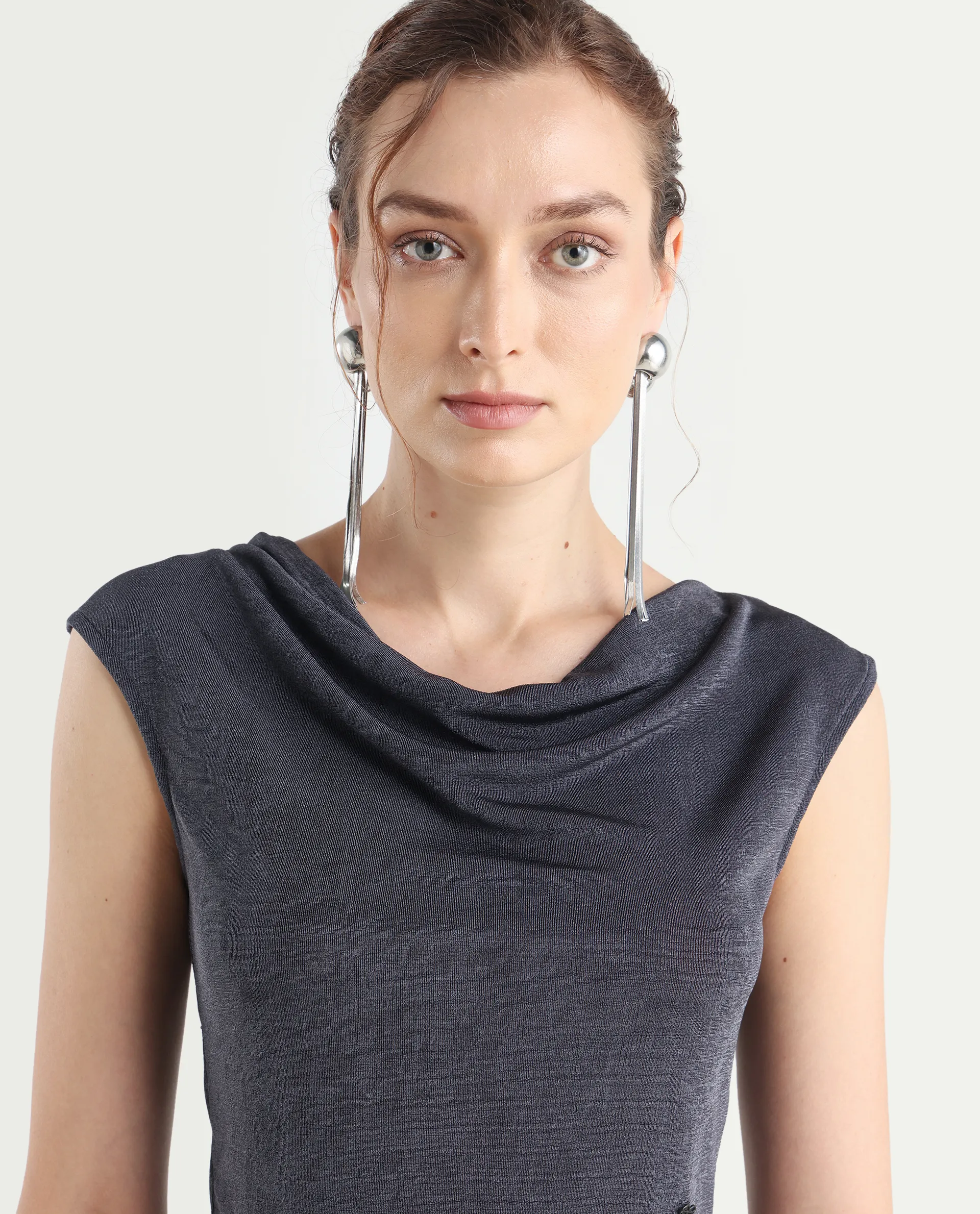 Rareism Women's Cowly Dark Grey Polyester Cowl Neck Plain Sleeveless Regular Fit Top - Image 4