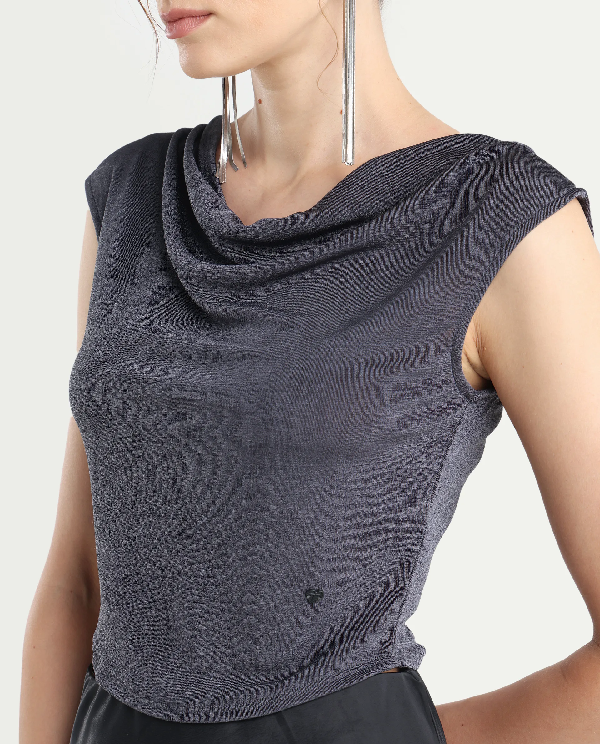 Rareism Women's Cowly Dark Grey Polyester Cowl Neck Plain Sleeveless Regular Fit Top - Image 5