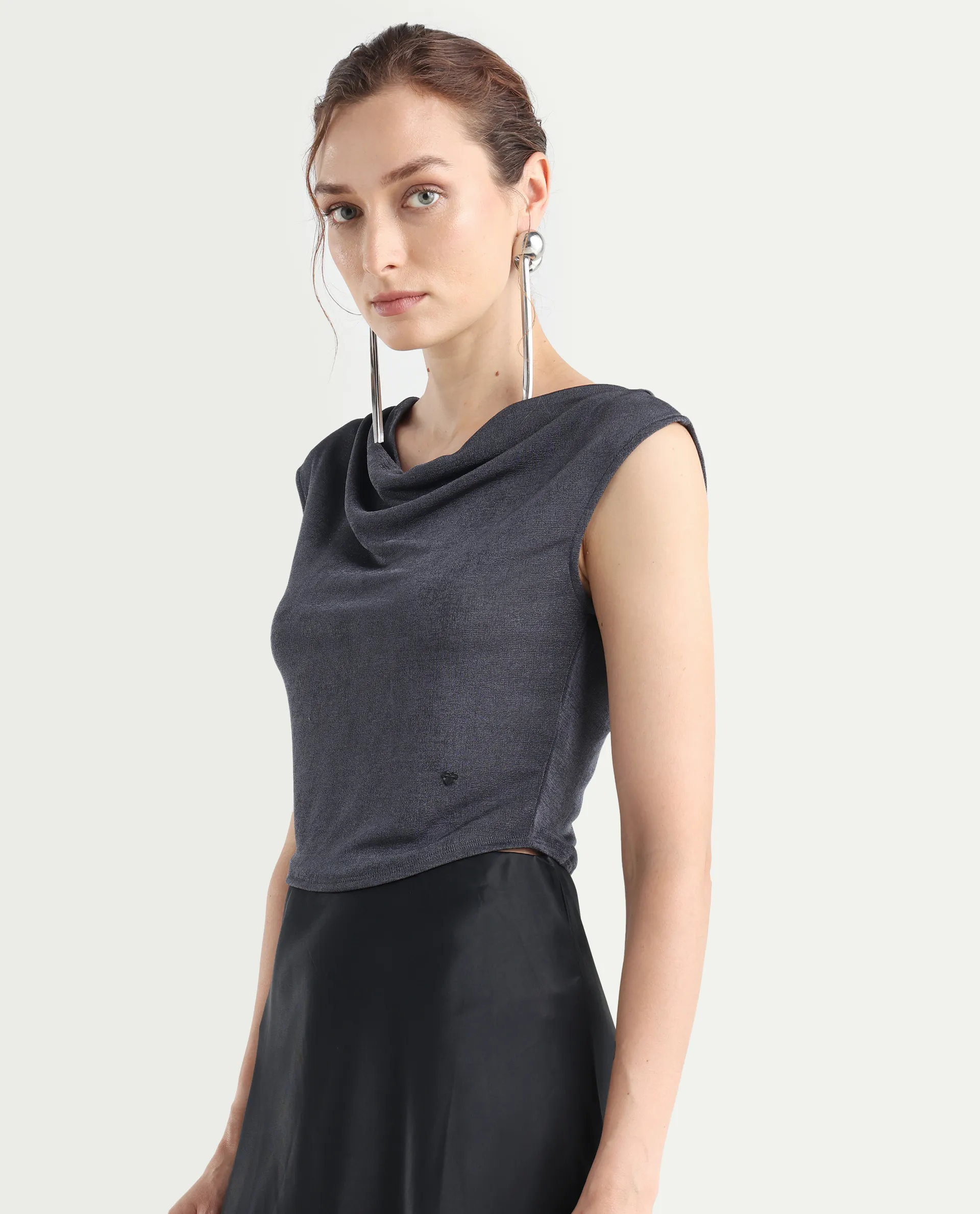 Rareism Women's Cowly Dark Grey Polyester Cowl Neck Plain Sleeveless Regular Fit Top - Image 6