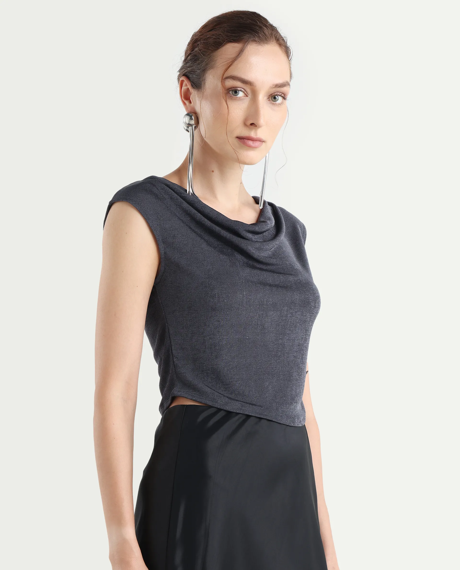 Rareism Women's Cowly Dark Grey Polyester Cowl Neck Plain Sleeveless Regular Fit Top - Image 7