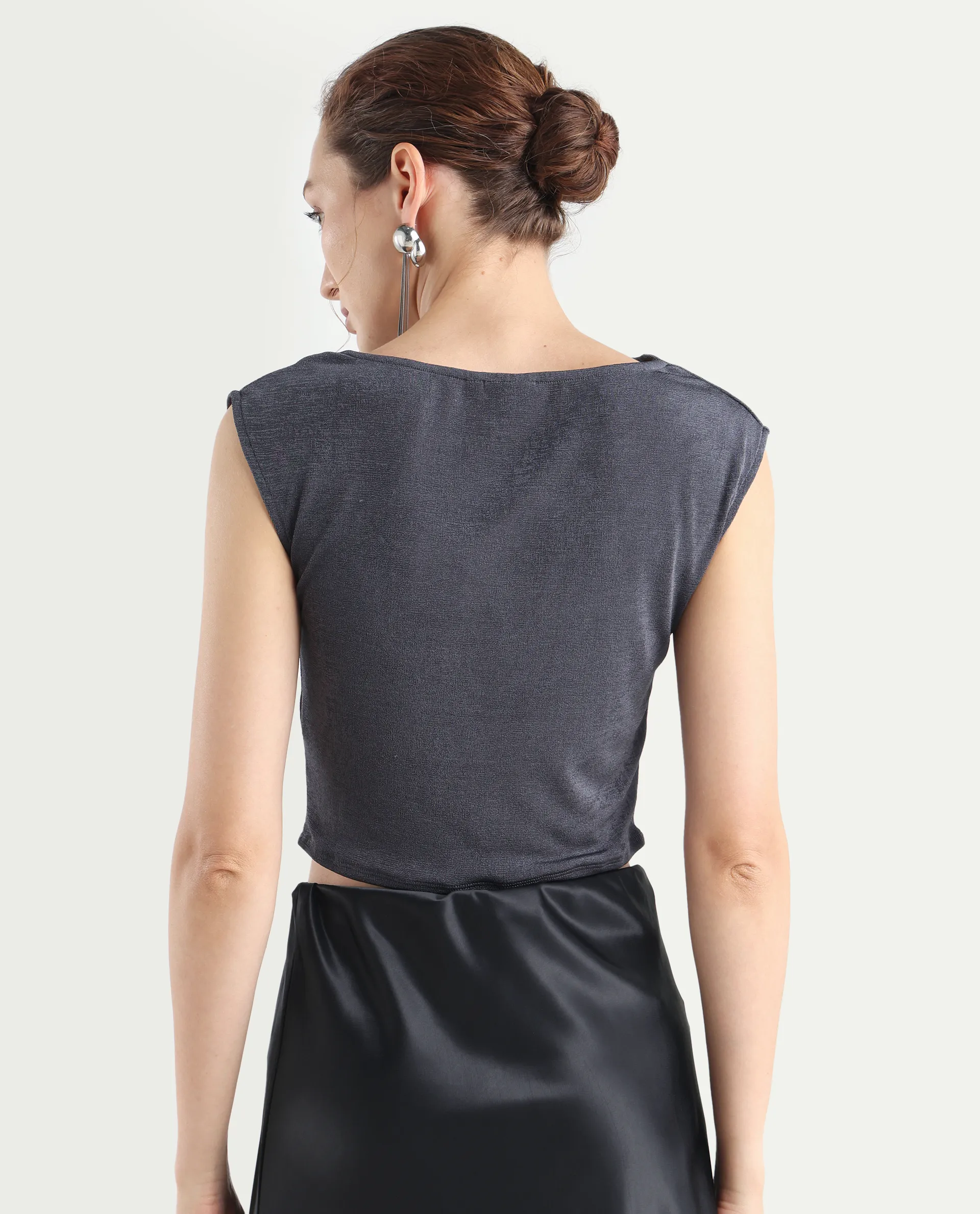 Rareism Women's Cowly Dark Grey Polyester Cowl Neck Plain Sleeveless Regular Fit Top - Image 8