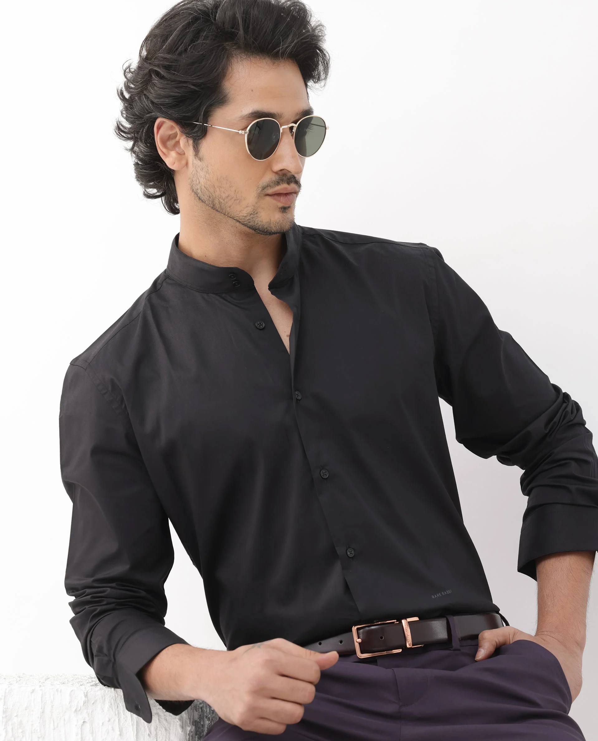 Rare Rabbit Men's Cox 3 Black Cotton Blend Plain Regular Fit Full Sleeve Mandarin Collar Shirt - Image 2