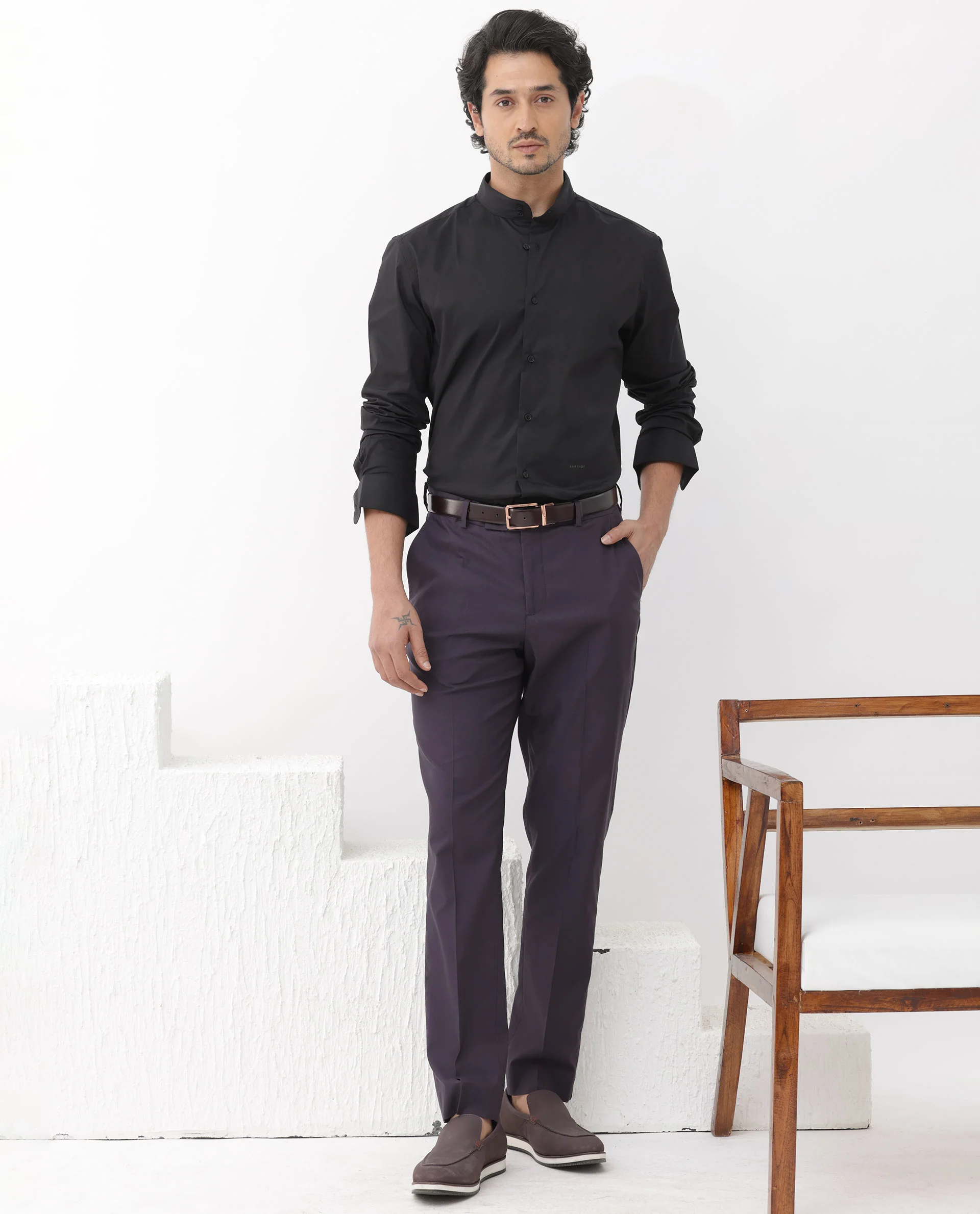 Rare Rabbit Men's Cox 3 Black Cotton Blend Plain Regular Fit Full Sleeve Mandarin Collar Shirt - Image 3