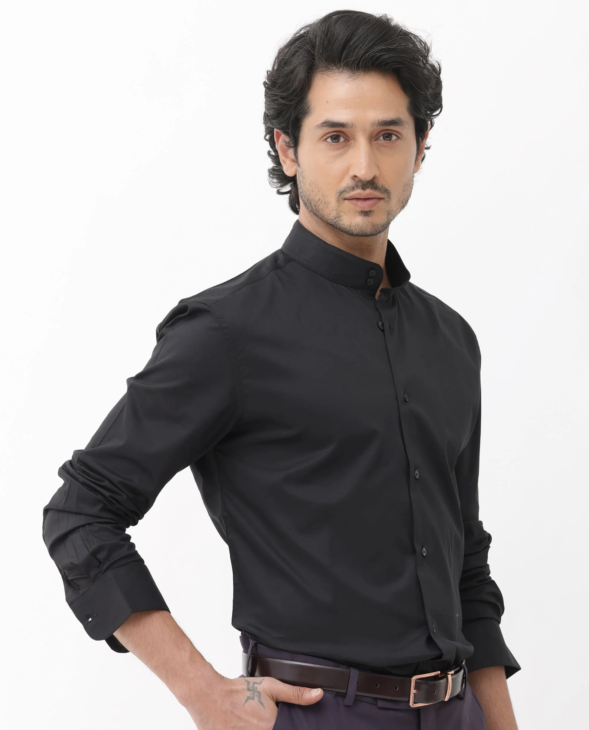 Rare Rabbit Men's Cox 3 Black Cotton Blend Plain Regular Fit Full Sleeve Mandarin Collar Shirt - Image 4