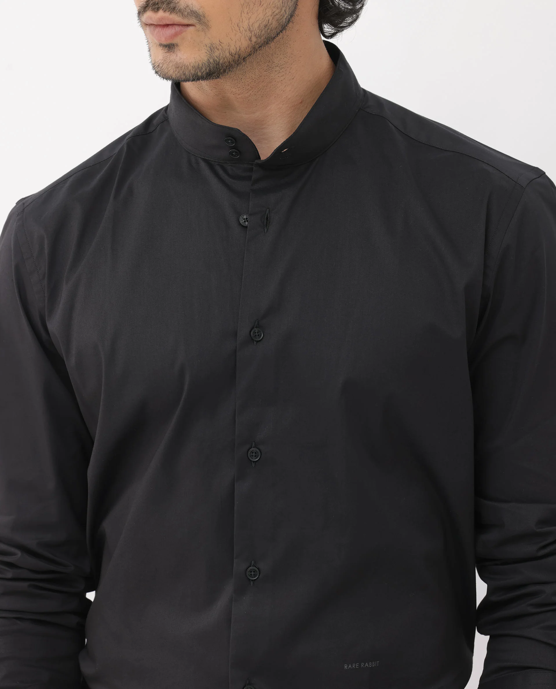 Rare Rabbit Men's Cox 3 Black Cotton Blend Plain Regular Fit Full Sleeve Mandarin Collar Shirt - Image 5