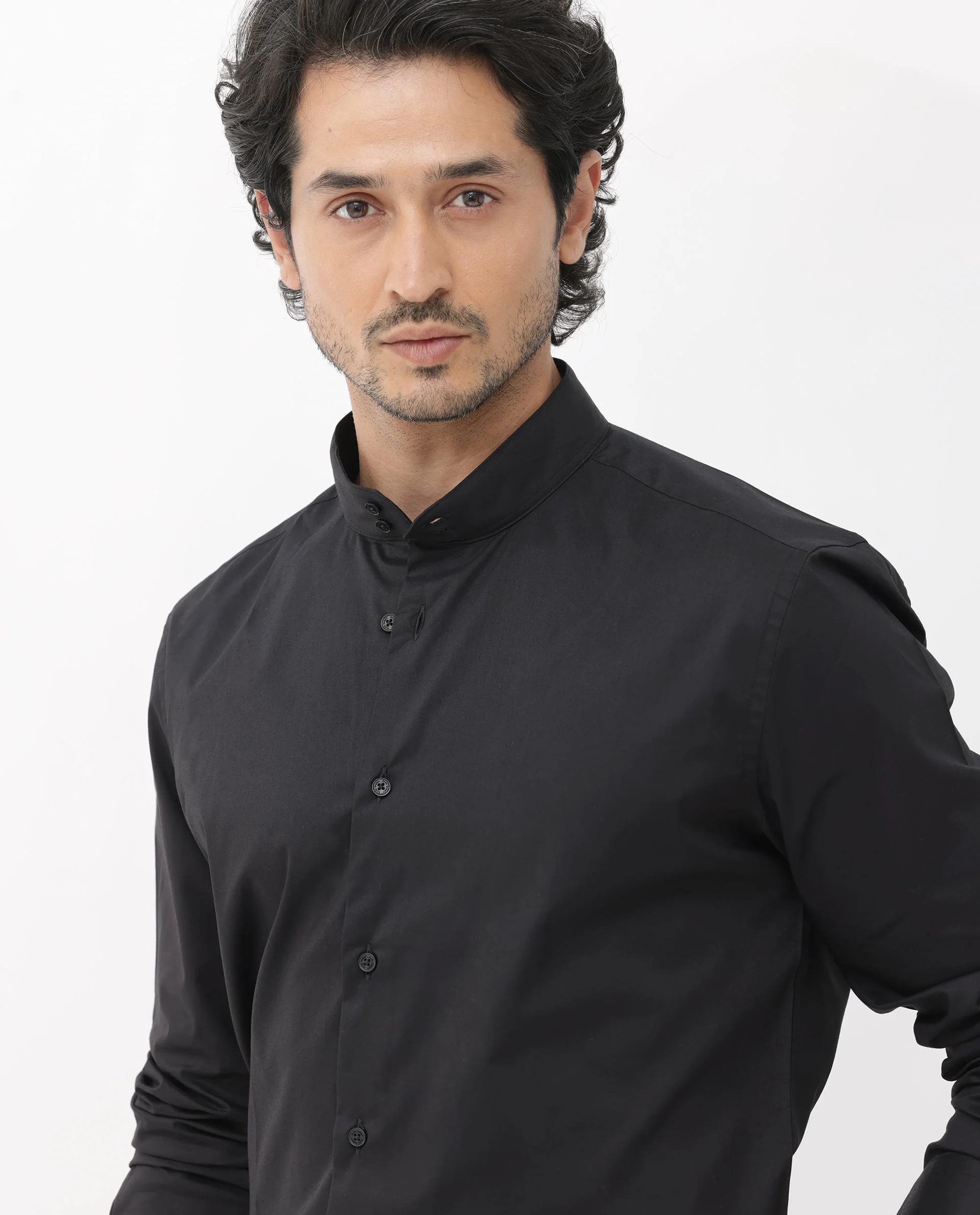 Rare Rabbit Men's Cox 3 Black Cotton Blend Plain Regular Fit Full Sleeve Mandarin Collar Shirt - Image 6