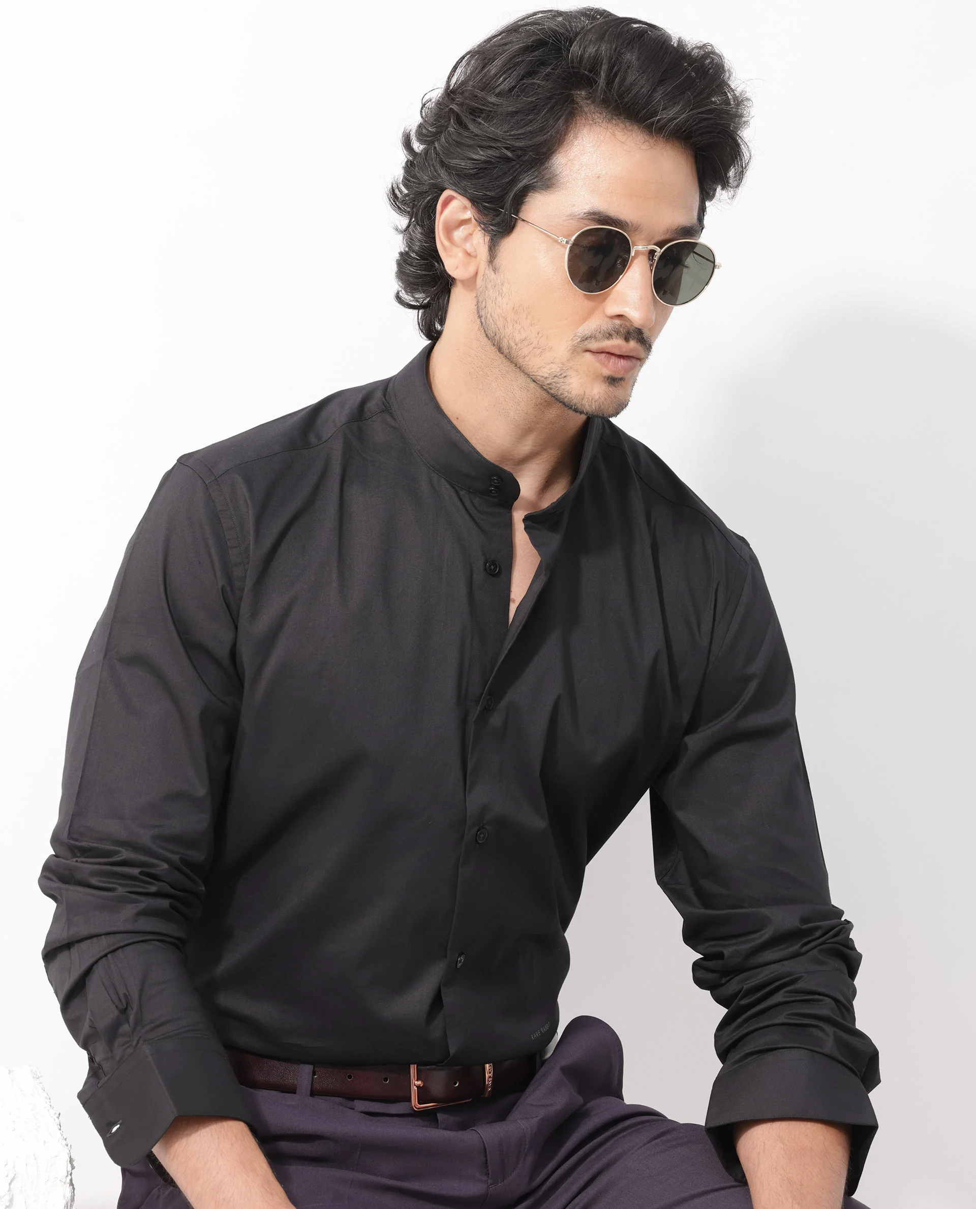 Rare Rabbit Men's Cox 3 Black Cotton Blend Plain Regular Fit Full Sleeve Mandarin Collar Shirt - Image 7