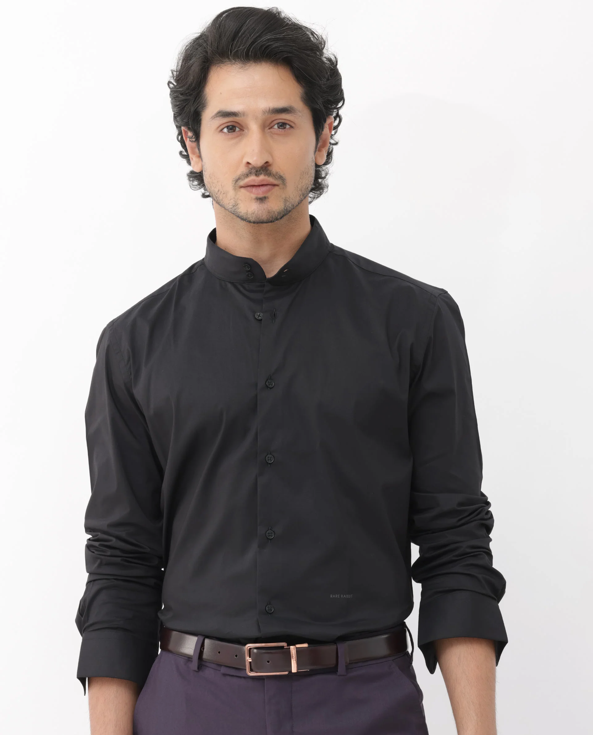 Rare Rabbit Men's Cox 3 Black Cotton Blend Plain Regular Fit Full Sleeve Mandarin Collar Shirt - Image 8
