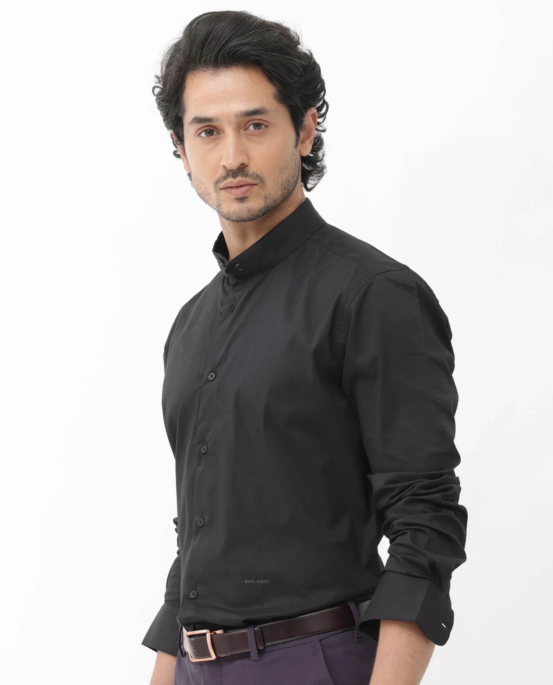 Rare Rabbit Men's Cox 3 Black Cotton Blend Plain Regular Fit Full Sleeve Mandarin Collar Shirt - Image 9