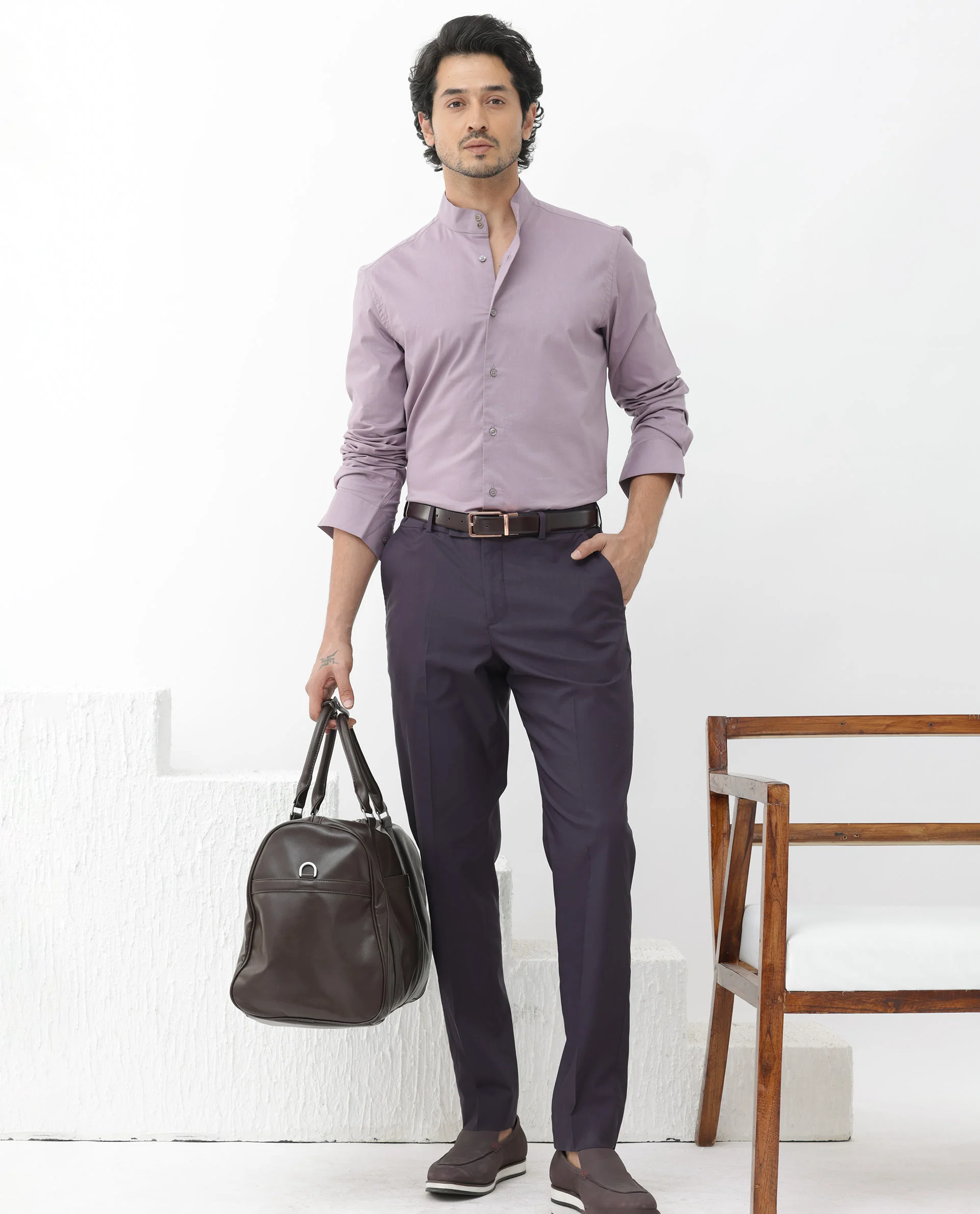 Rare Rabbit Men's Cox3 Dusky Purple Cotton Blend Plain Regular Fit Full Sleeve Mandarin Collar Shirt - Image 2