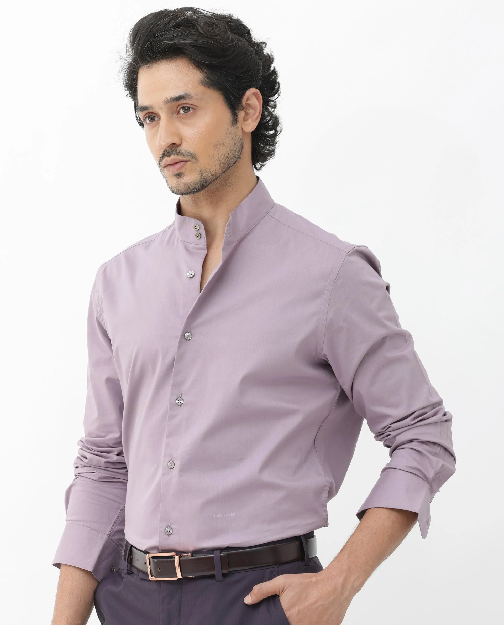 Rare Rabbit Men's Cox3 Dusky Purple Cotton Blend Plain Regular Fit Full Sleeve Mandarin Collar Shirt - Image 3