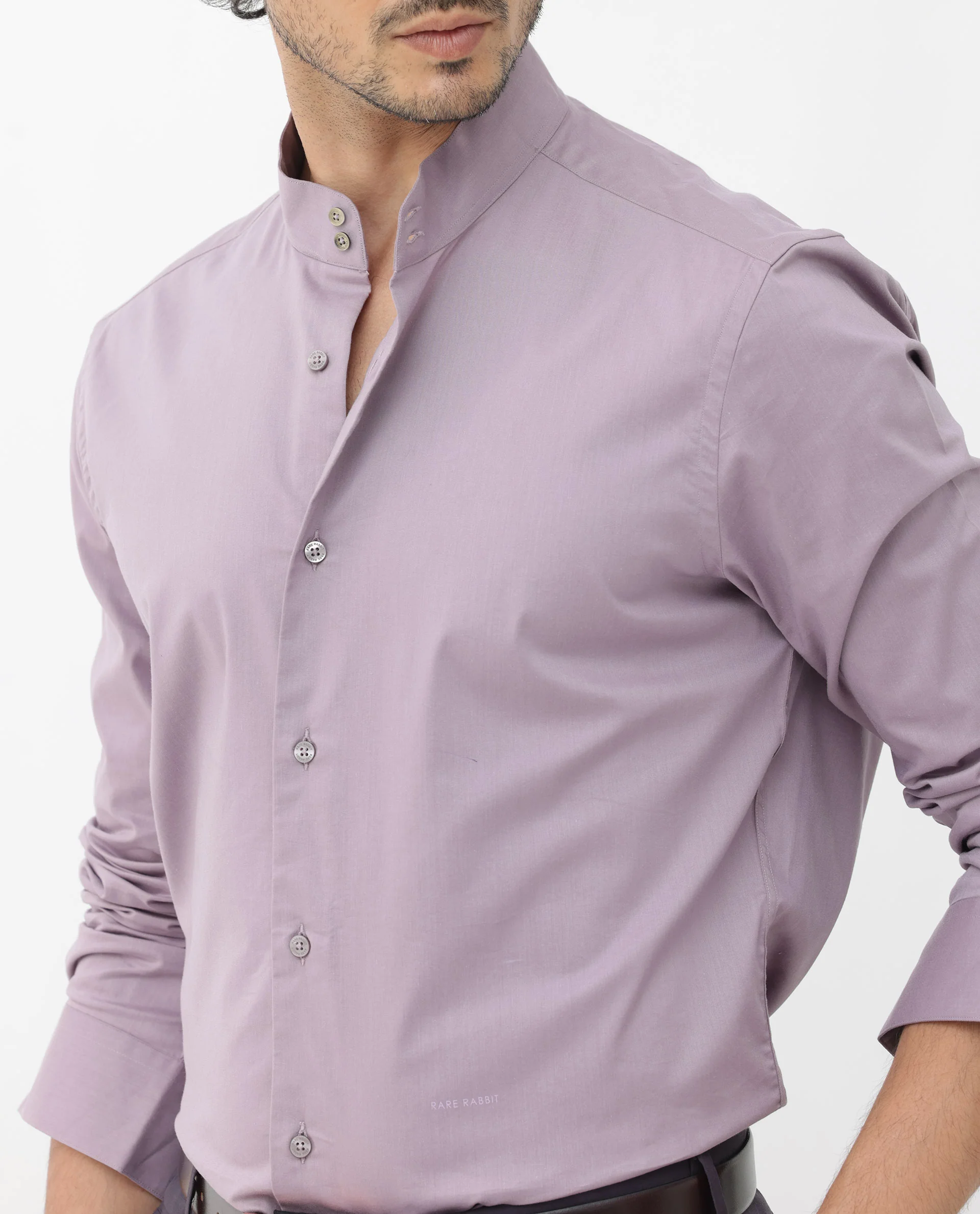 Rare Rabbit Men's Cox3 Dusky Purple Cotton Blend Plain Regular Fit Full Sleeve Mandarin Collar Shirt - Image 4