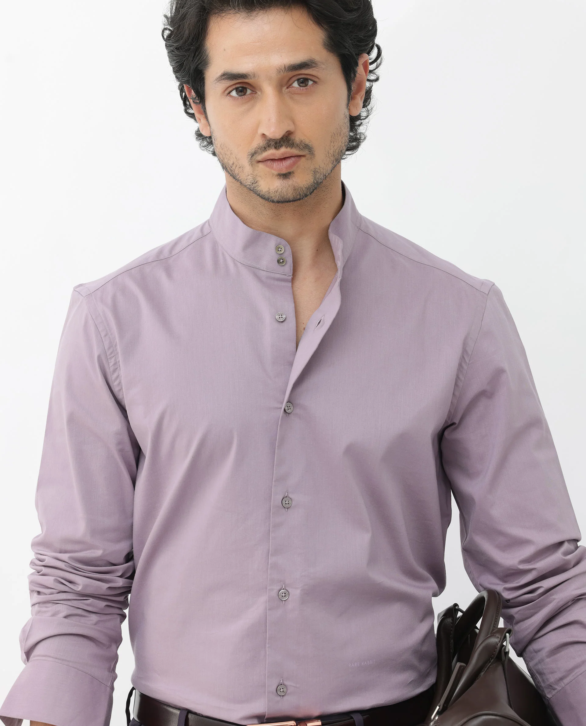 Rare Rabbit Men's Cox3 Dusky Purple Cotton Blend Plain Regular Fit Full Sleeve Mandarin Collar Shirt - Image 5