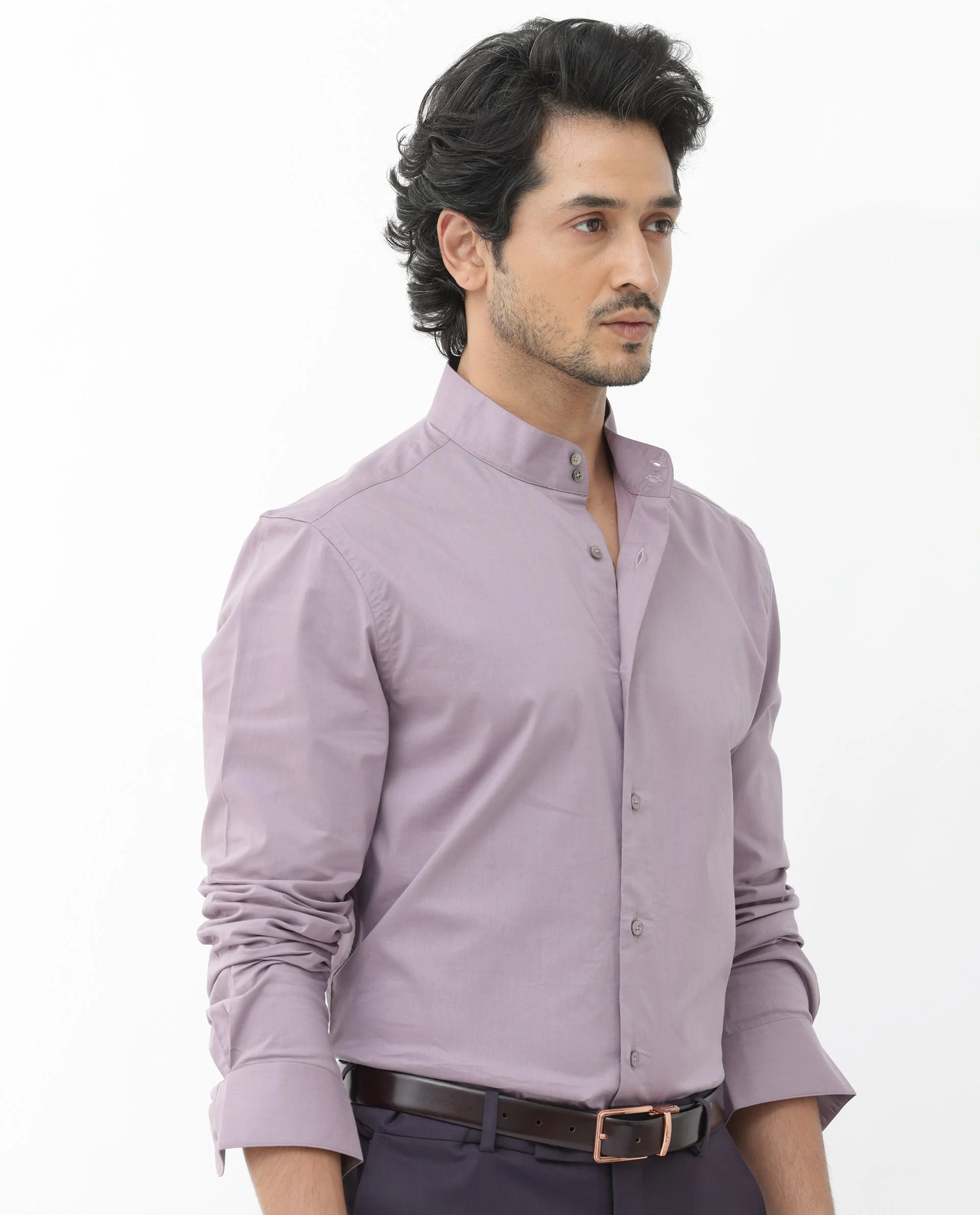 Rare Rabbit Men's Cox3 Dusky Purple Cotton Blend Plain Regular Fit Full Sleeve Mandarin Collar Shirt - Image 6