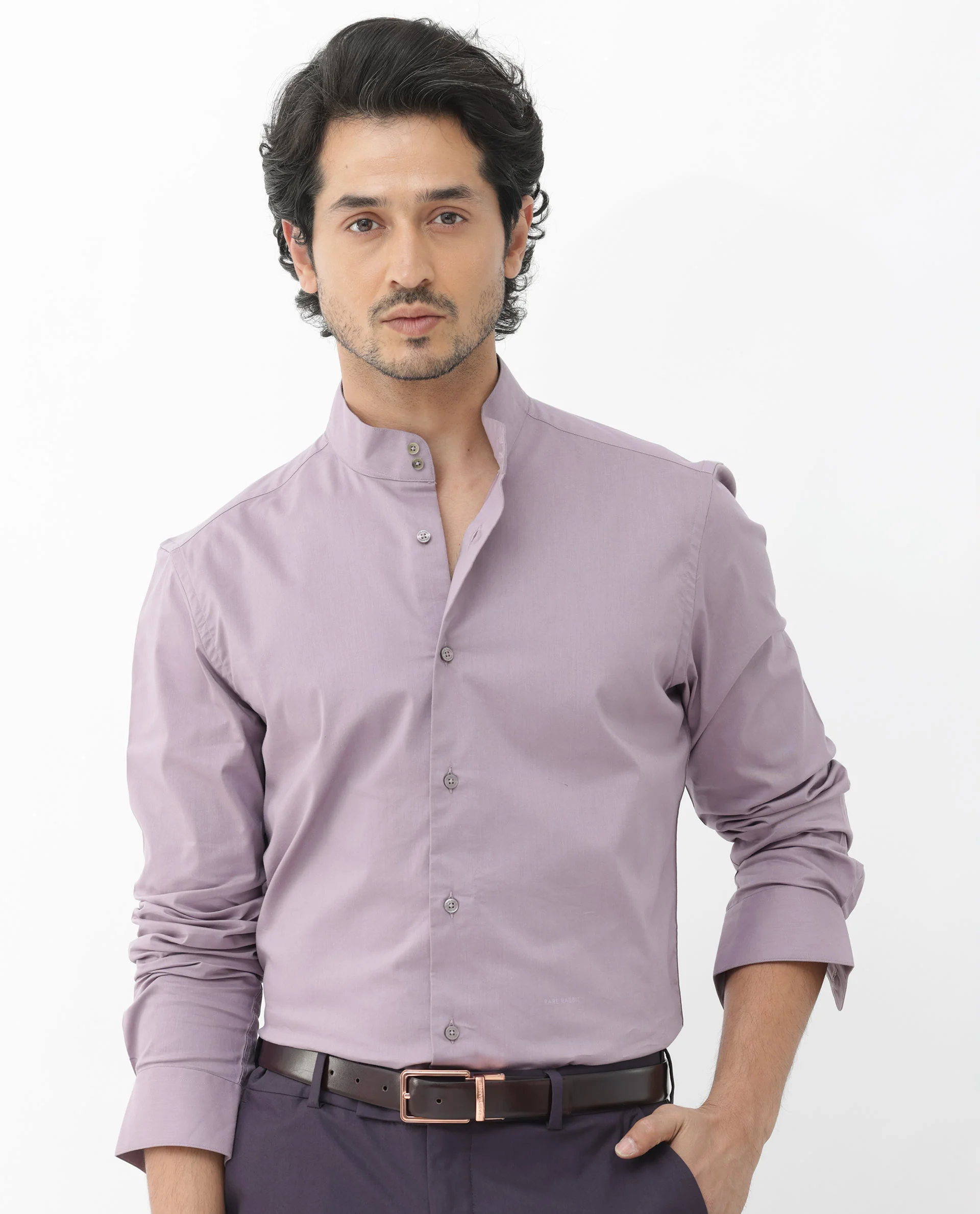 Rare Rabbit Men's Cox3 Dusky Purple Cotton Blend Plain Regular Fit Full Sleeve Mandarin Collar Shirt - Image 7