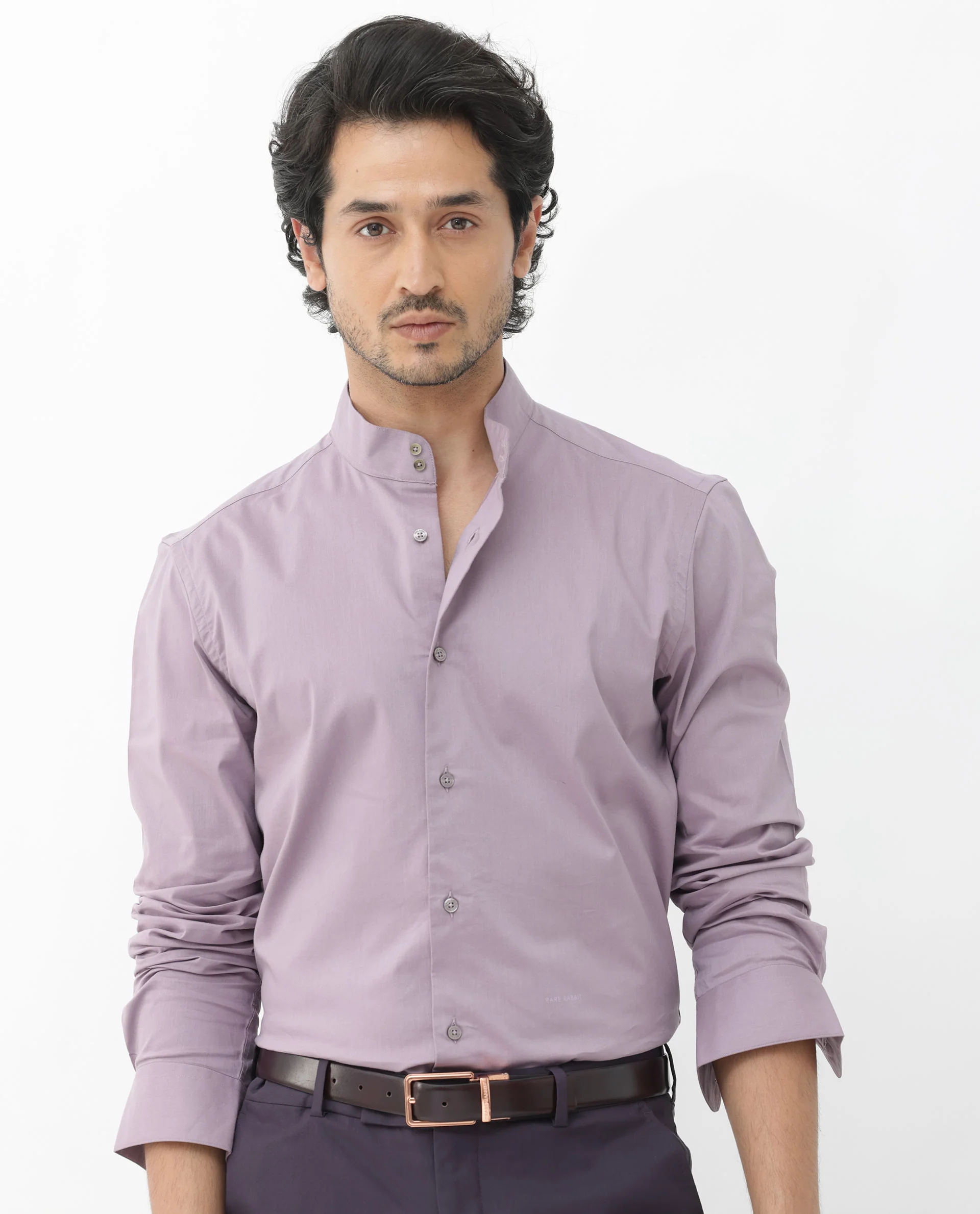 Rare Rabbit Men's Cox3 Dusky Purple Cotton Blend Plain Regular Fit Full Sleeve Mandarin Collar Shirt - Image 8