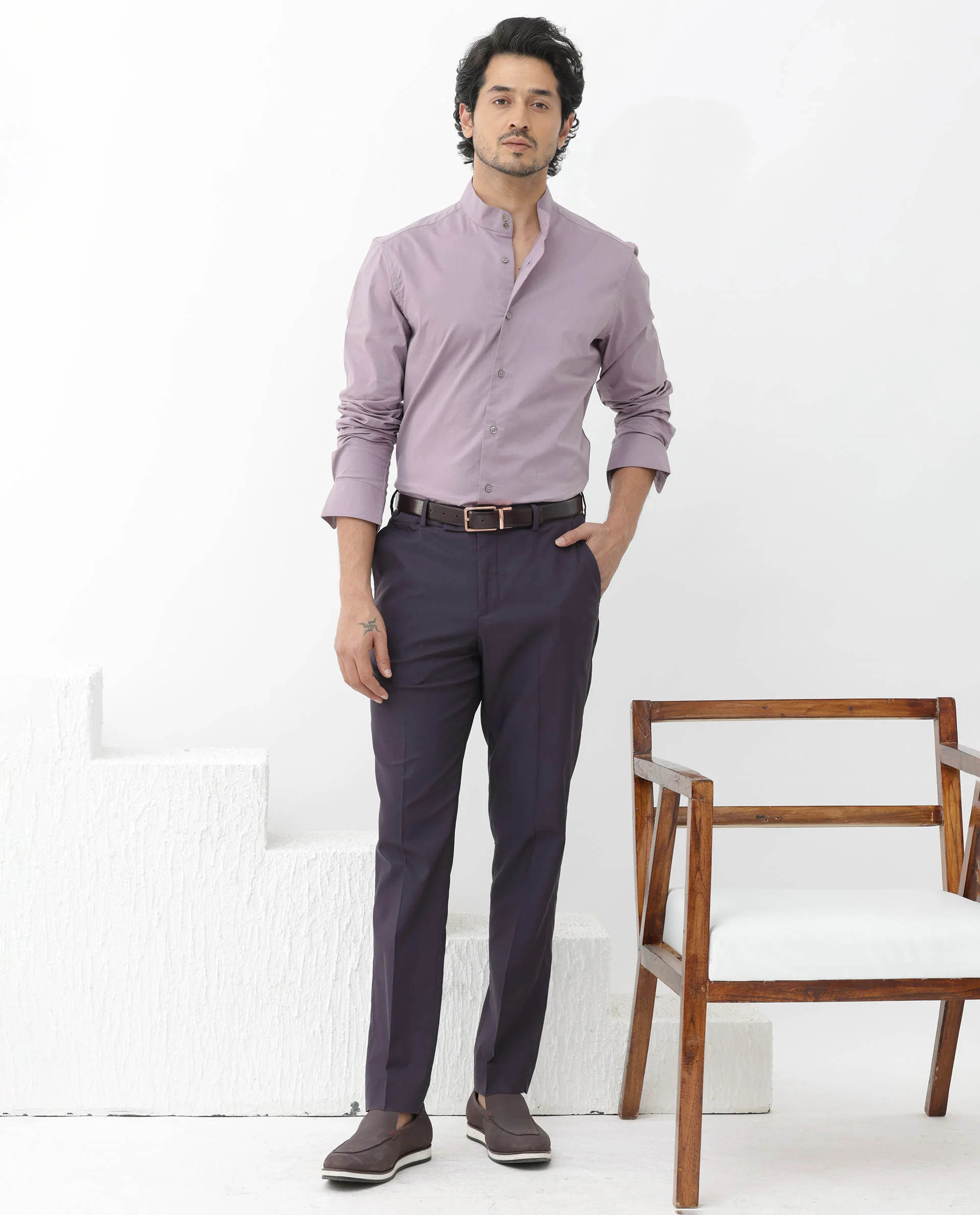 Rare Rabbit Men's Cox3 Dusky Purple Cotton Blend Plain Regular Fit Full Sleeve Mandarin Collar Shirt - Image 9