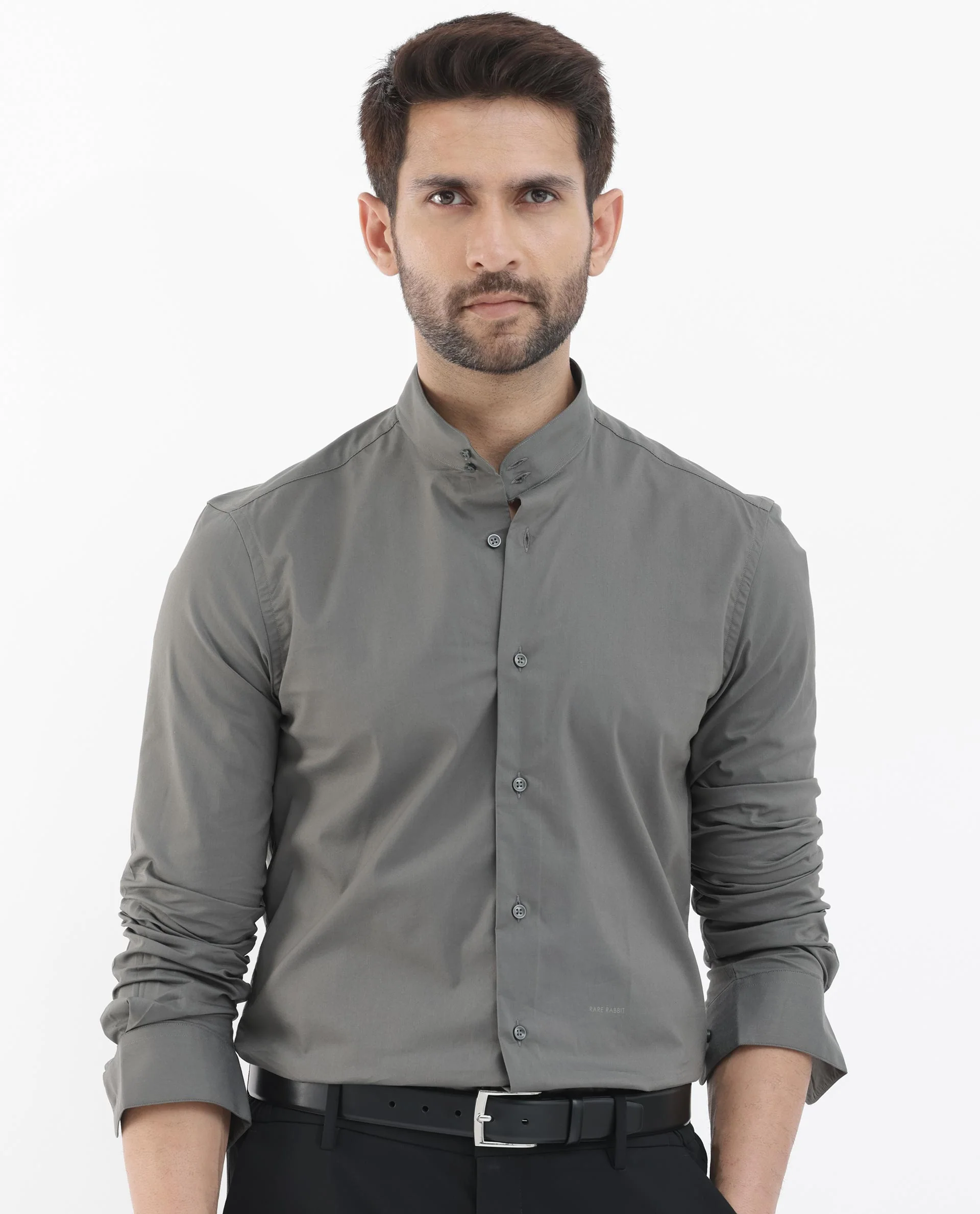 Rare Rabbit Men's Cox3 Grey Cotton Blend Plain Regular Fit Full Sleeve Mandarin Collar Shirt