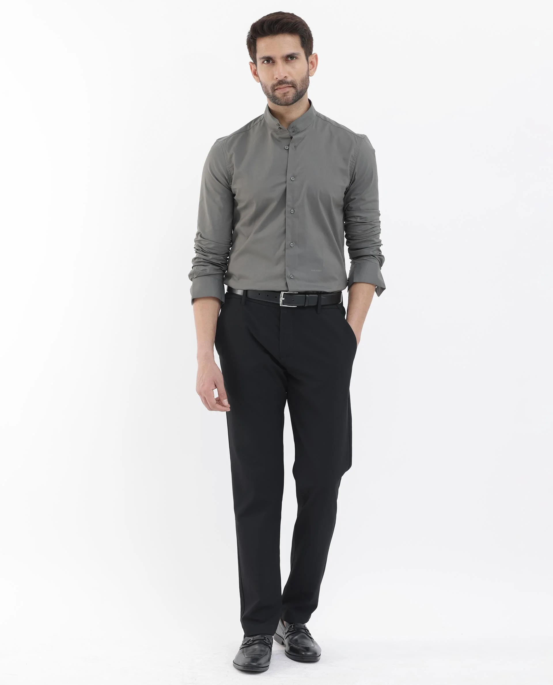 Rare Rabbit Men's Cox3 Grey Cotton Blend Plain Regular Fit Full Sleeve Mandarin Collar Shirt - Image 2