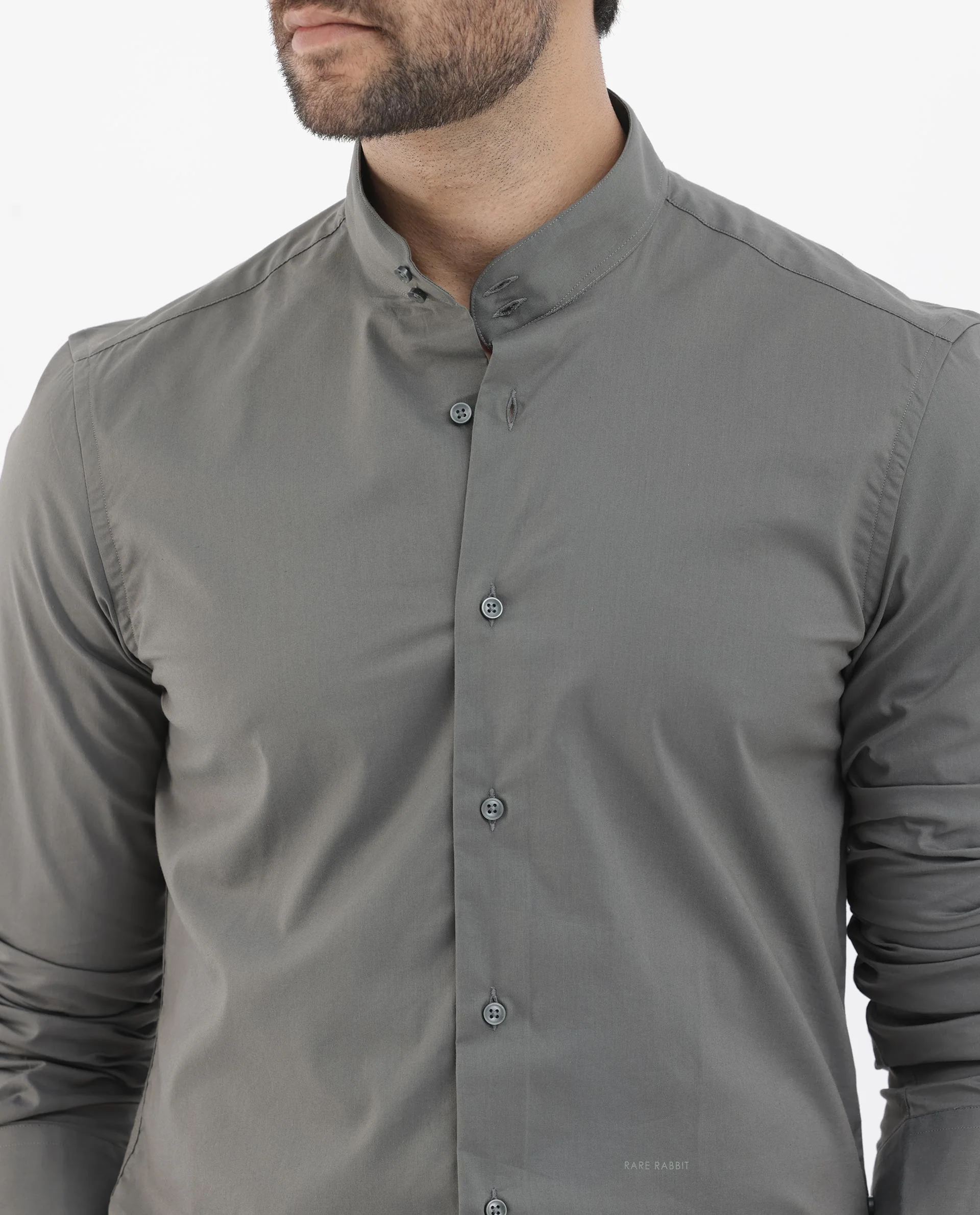 Rare Rabbit Men's Cox3 Grey Cotton Blend Plain Regular Fit Full Sleeve Mandarin Collar Shirt - Image 4