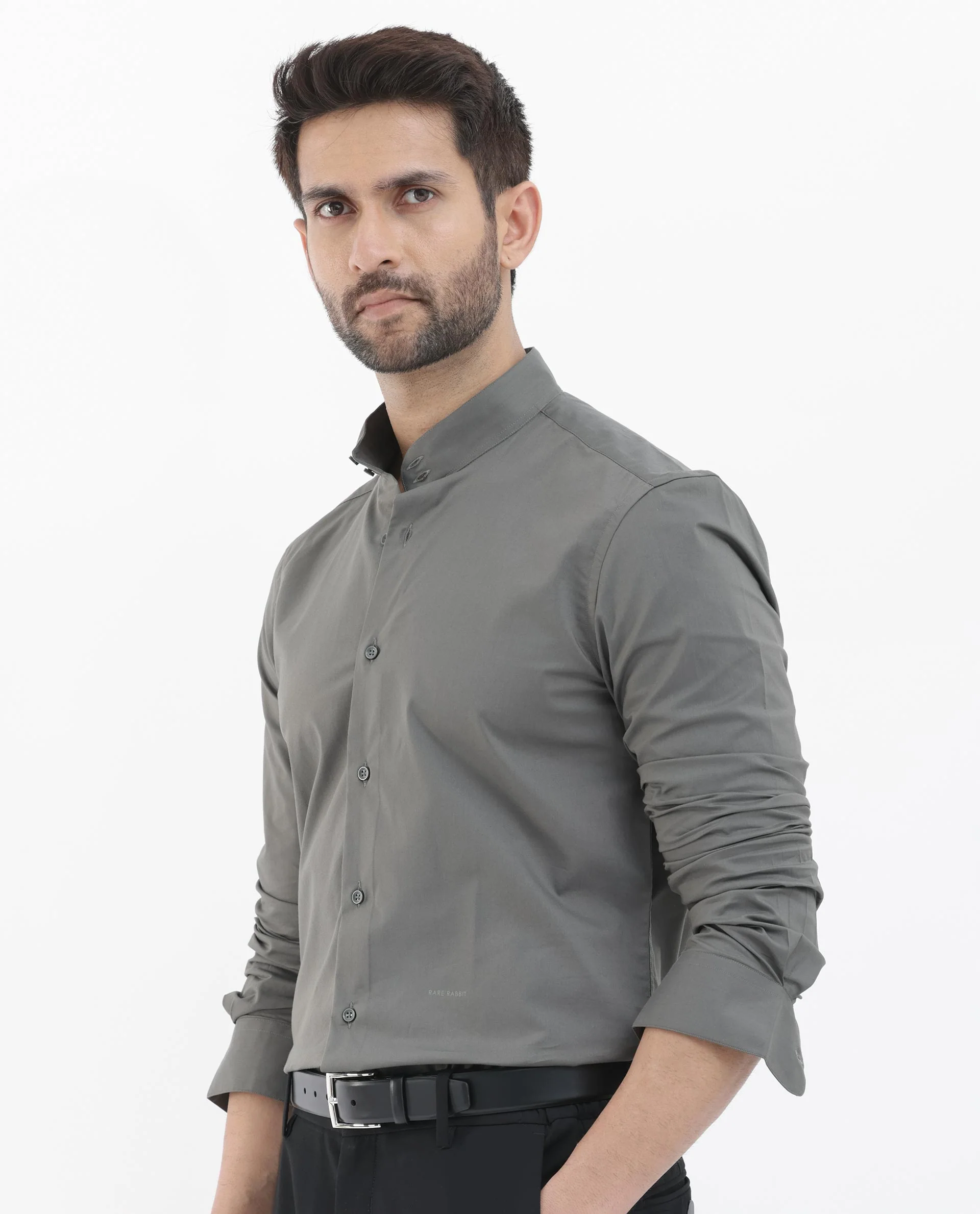 Rare Rabbit Men's Cox3 Grey Cotton Blend Plain Regular Fit Full Sleeve Mandarin Collar Shirt - Image 7