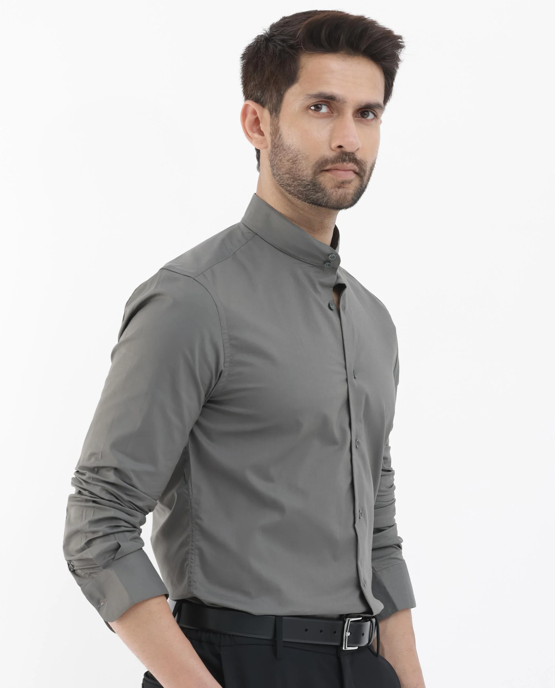 Rare Rabbit Men's Cox3 Grey Cotton Blend Plain Regular Fit Full Sleeve Mandarin Collar Shirt - Image 8